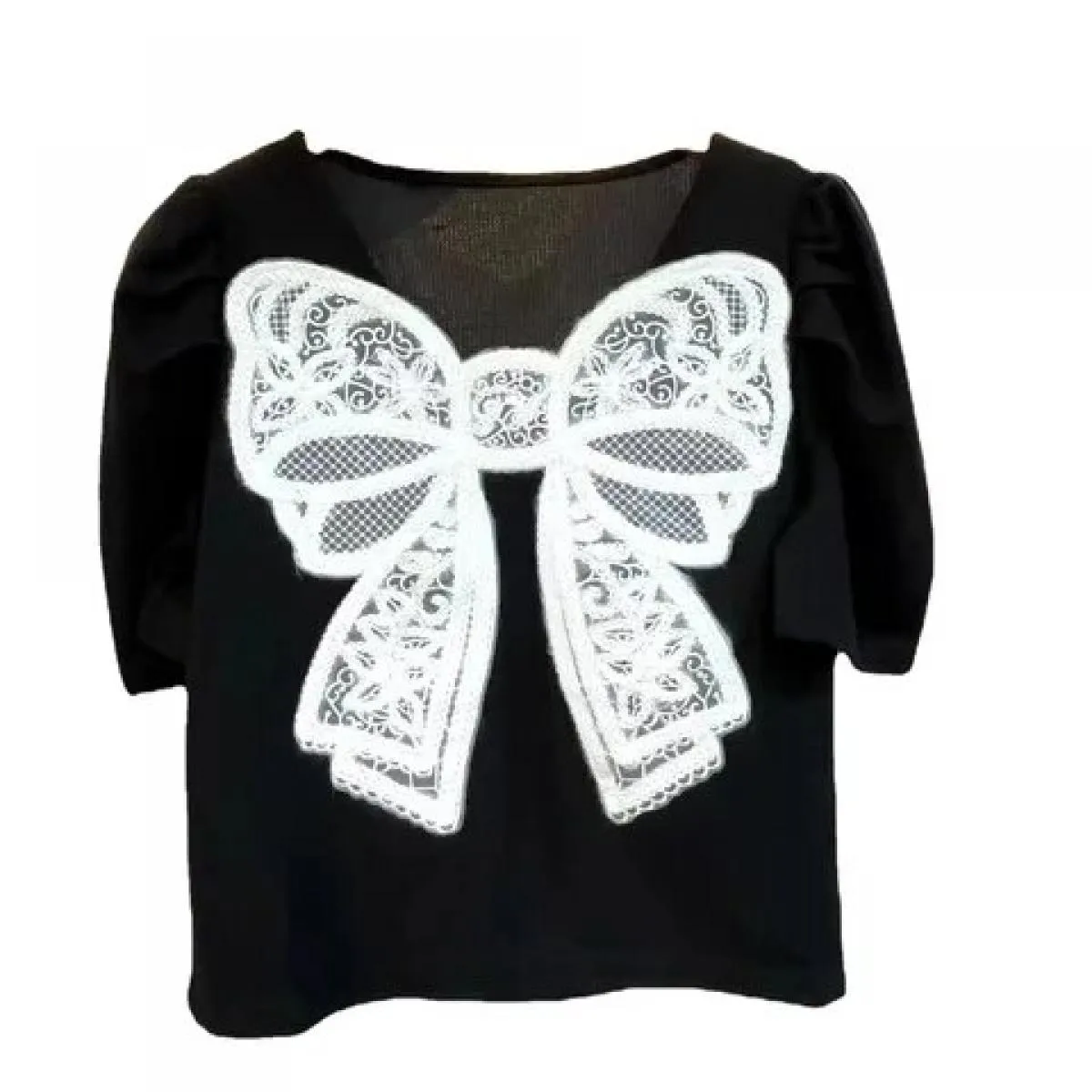 2023 T-shirt da donna slim top con maniche a palloncino e fiocco in pizzo nuova estate 2023