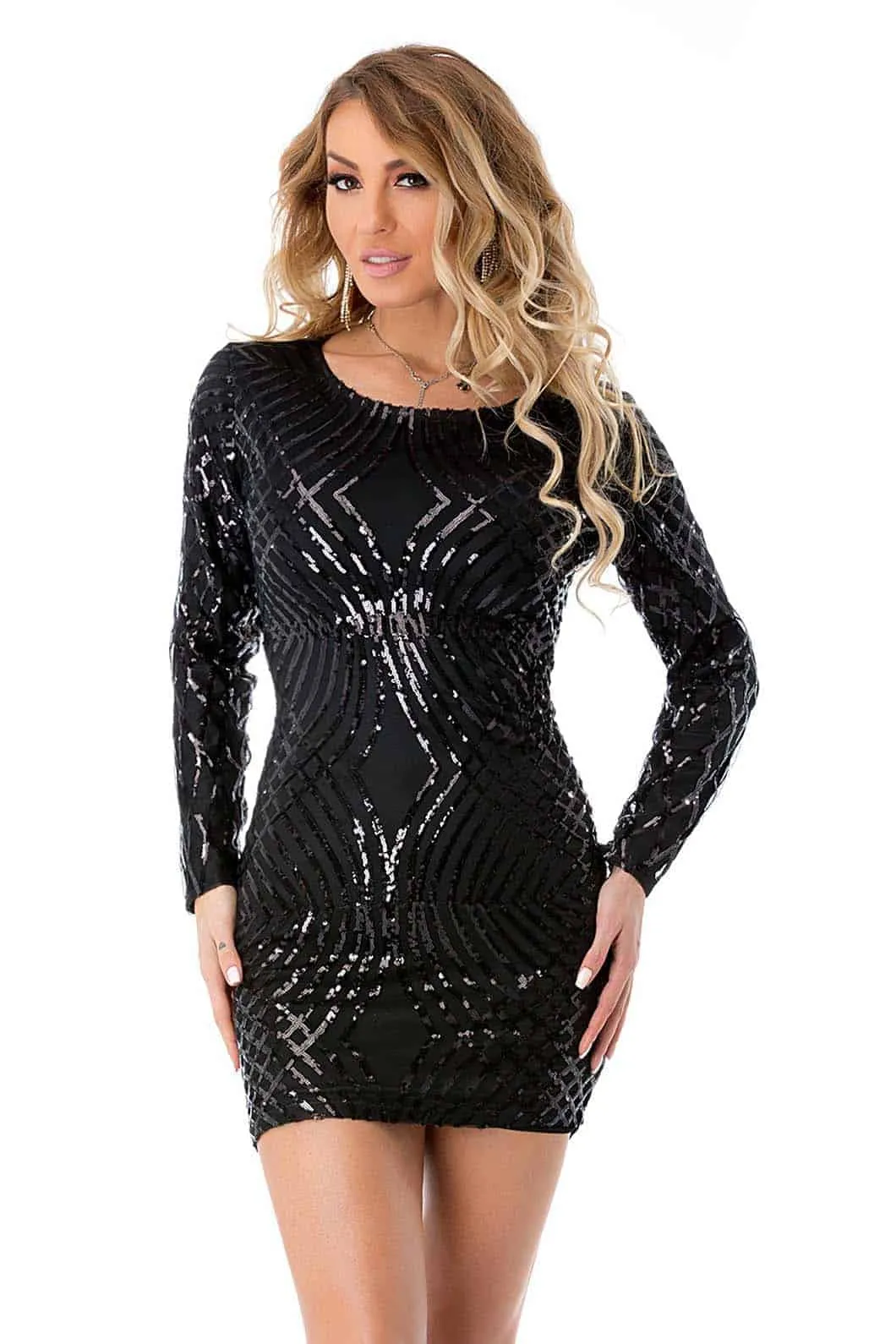Abito elegante a tubino in tulle e paillettes (modella alta 1,75 cm)