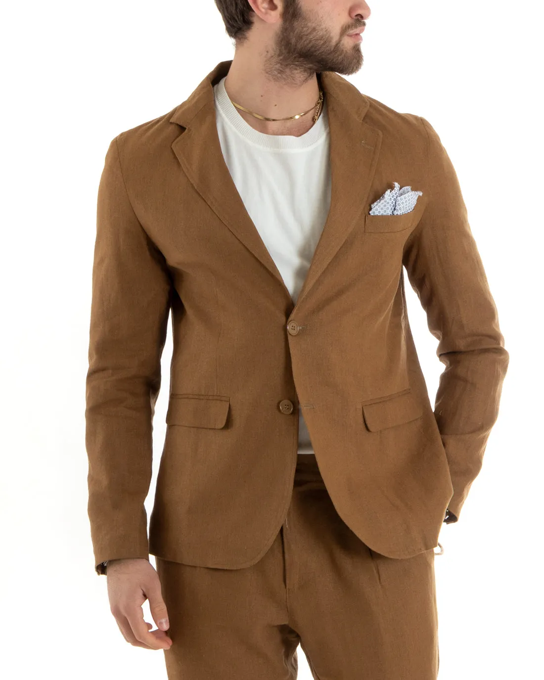 Abito Uomo Monopetto Completo Lino Sartoriale Giacca Pantaloni Tinta Unita Camel GIOSAL-OU2327A