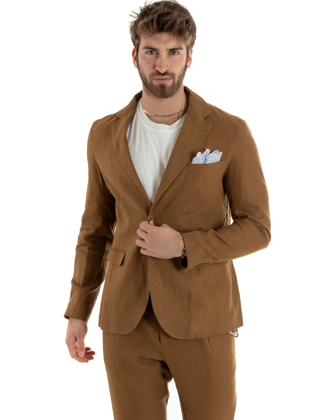 Abito Uomo Monopetto Completo Lino Sartoriale Giacca Pantaloni Tinta Unita Camel GIOSAL-OU2327A