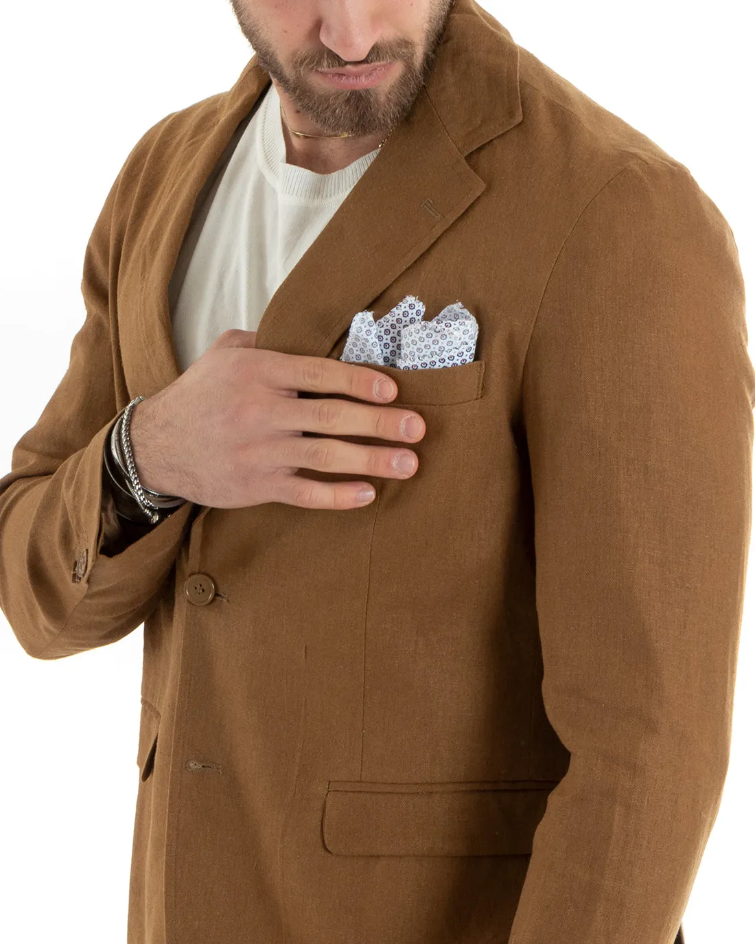 Abito Uomo Monopetto Completo Lino Sartoriale Giacca Pantaloni Tinta Unita Camel GIOSAL-OU2327A