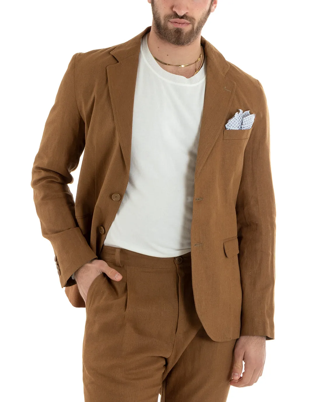 Abito Uomo Monopetto Completo Lino Sartoriale Giacca Pantaloni Tinta Unita Camel GIOSAL-OU2327A