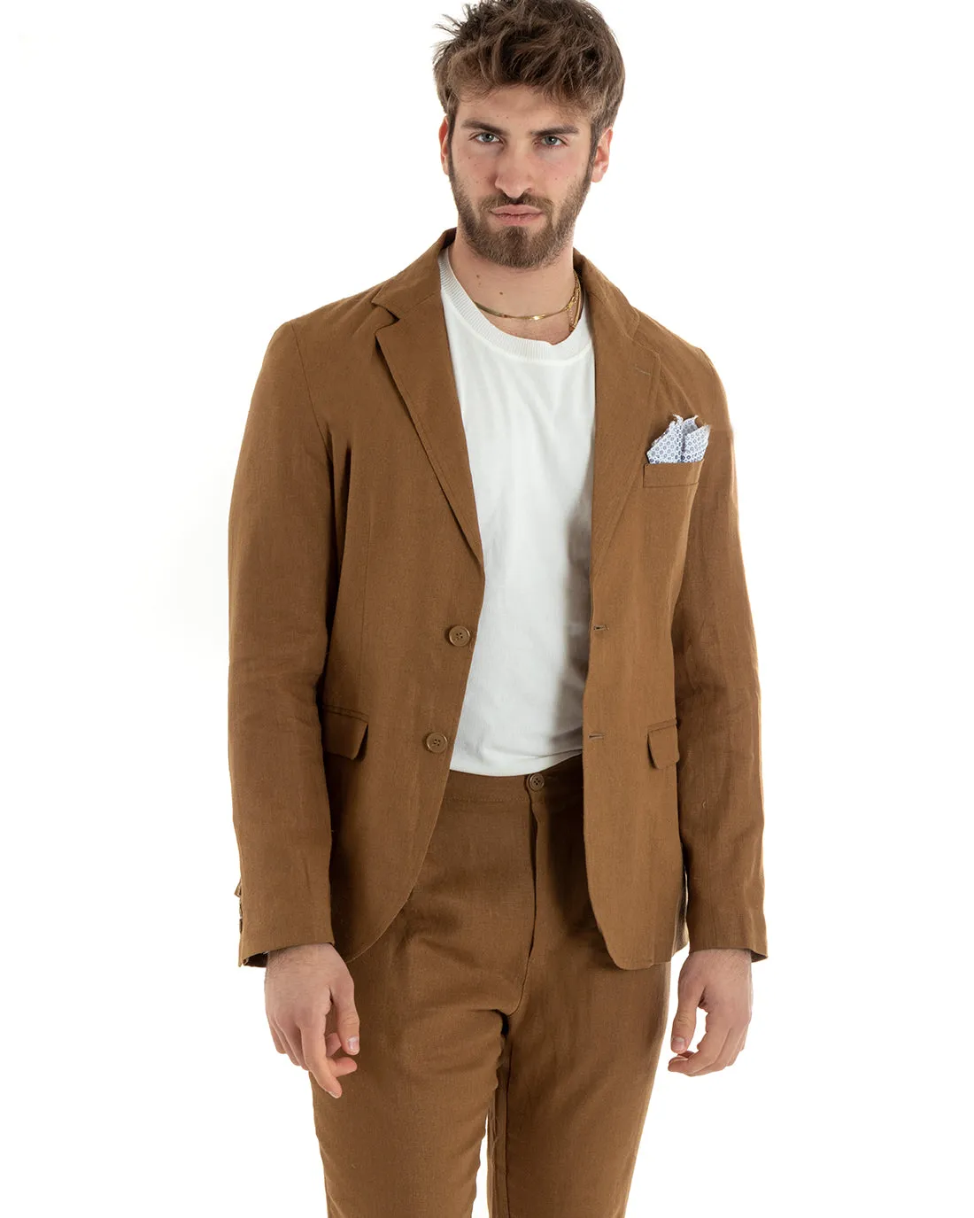 Abito Uomo Monopetto Completo Lino Sartoriale Giacca Pantaloni Tinta Unita Camel GIOSAL-OU2327A