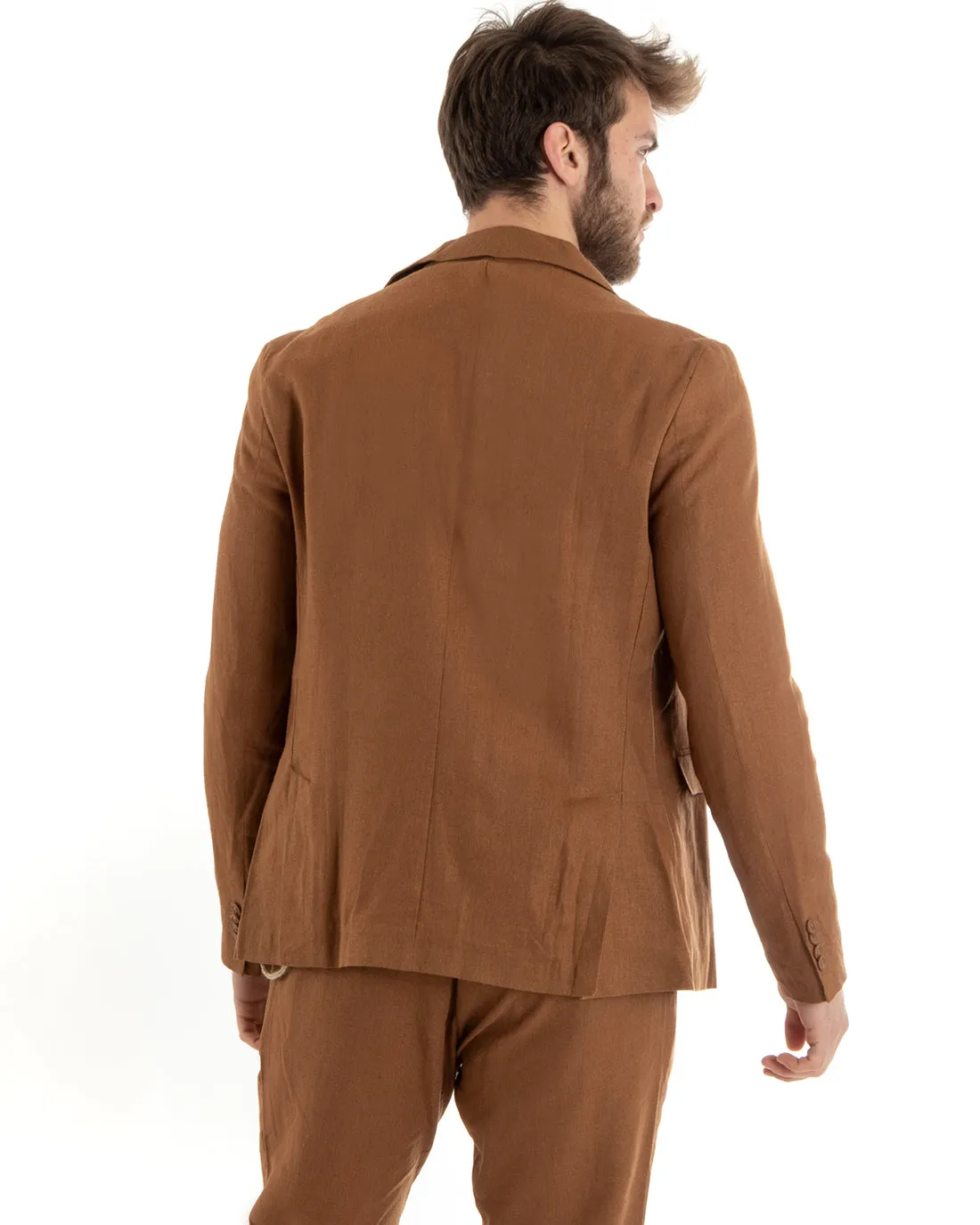 Abito Uomo Monopetto Completo Lino Sartoriale Giacca Pantaloni Tinta Unita Camel GIOSAL-OU2327A