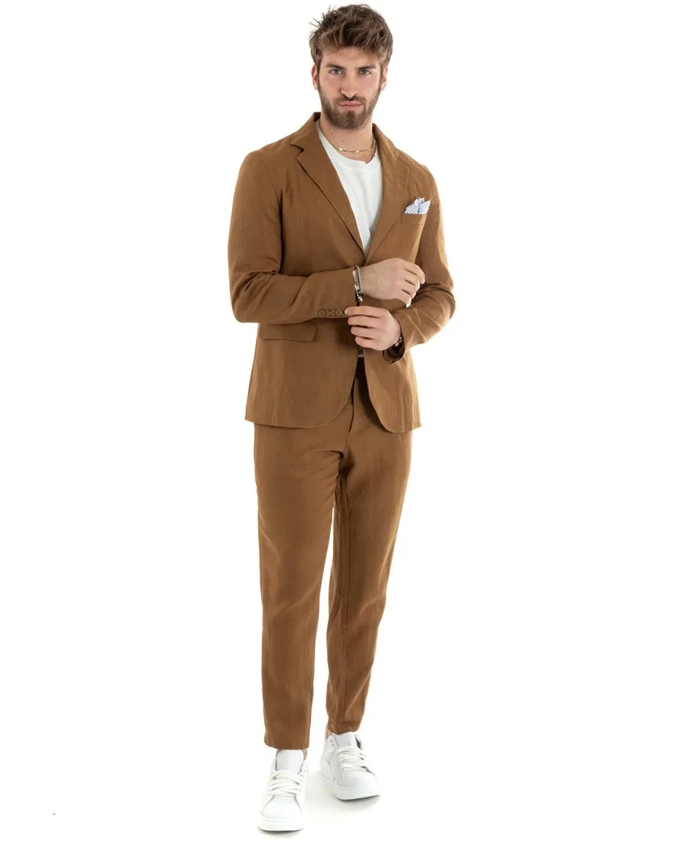 Abito Uomo Monopetto Completo Lino Sartoriale Giacca Pantaloni Tinta Unita Camel GIOSAL-OU2327A