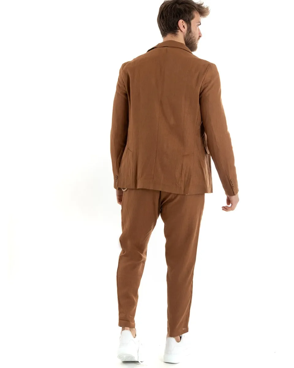 Abito Uomo Monopetto Completo Lino Sartoriale Giacca Pantaloni Tinta Unita Camel GIOSAL-OU2327A