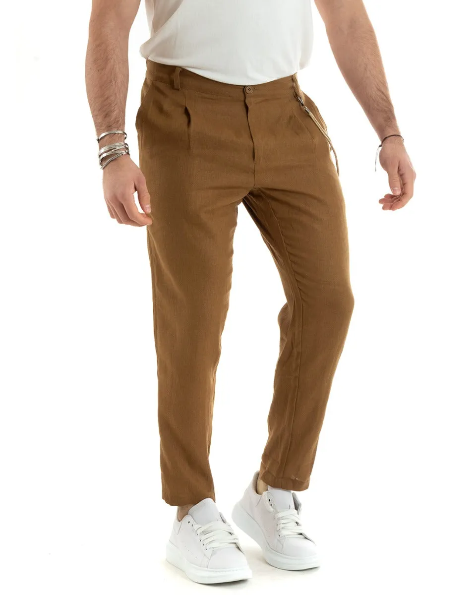 Abito Uomo Monopetto Completo Lino Sartoriale Giacca Pantaloni Tinta Unita Camel GIOSAL-OU2327A