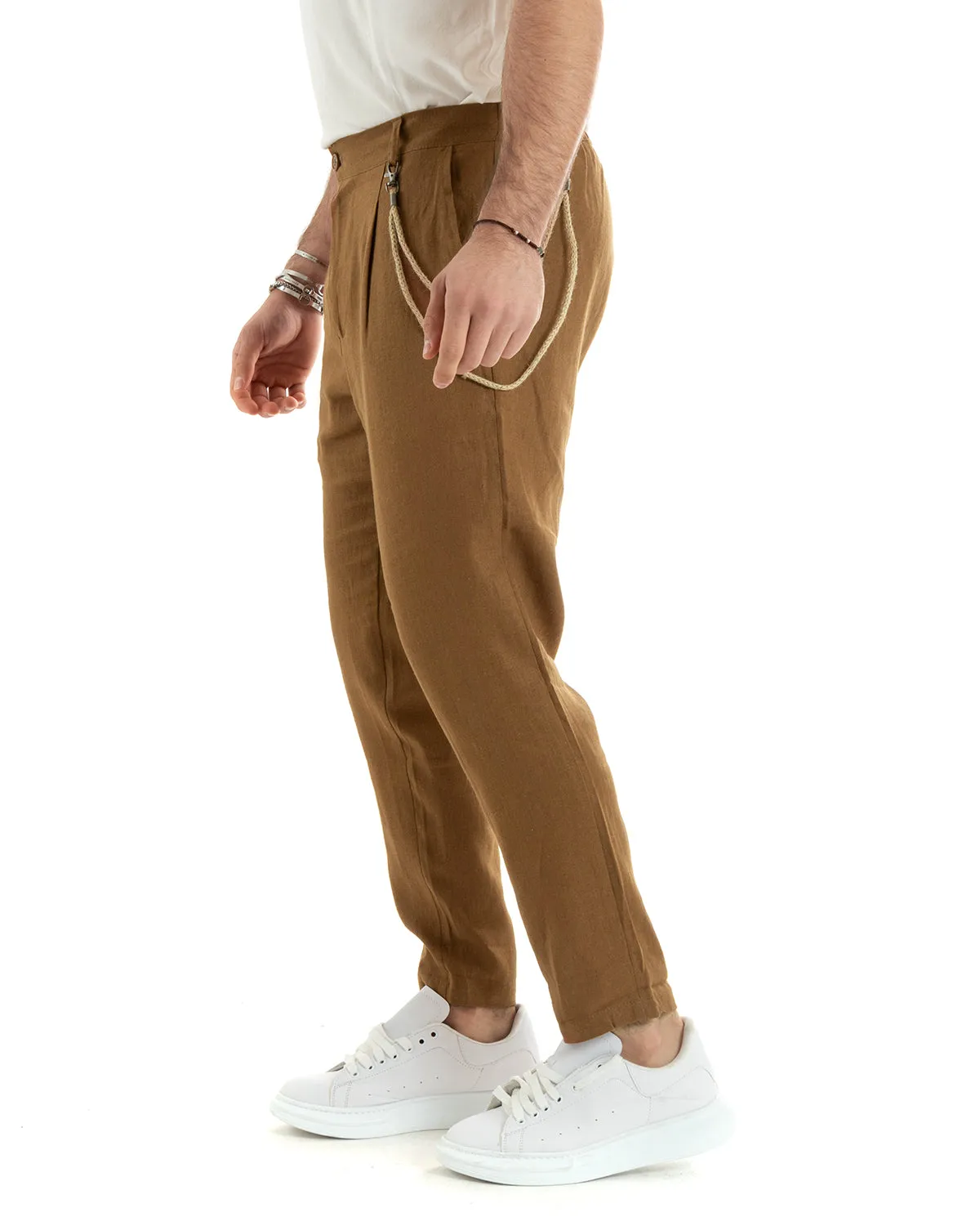 Abito Uomo Monopetto Completo Lino Sartoriale Giacca Pantaloni Tinta Unita Camel GIOSAL-OU2327A