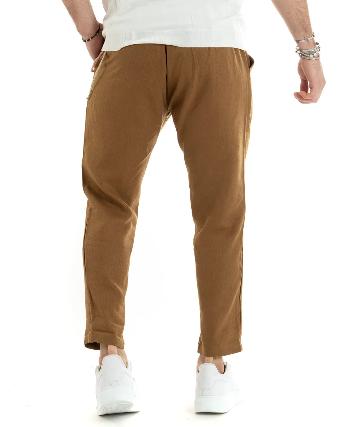 Abito Uomo Monopetto Completo Lino Sartoriale Giacca Pantaloni Tinta Unita Camel GIOSAL-OU2327A