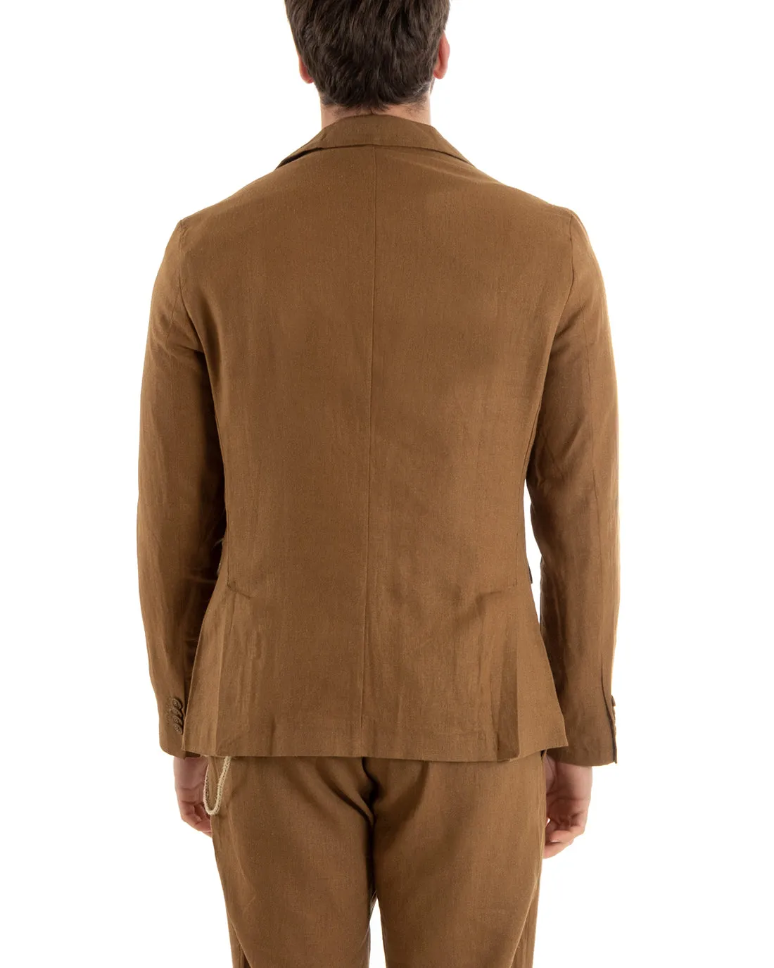 Abito Uomo Monopetto Completo Lino Sartoriale Giacca Pantaloni Tinta Unita Camel GIOSAL-OU2327A