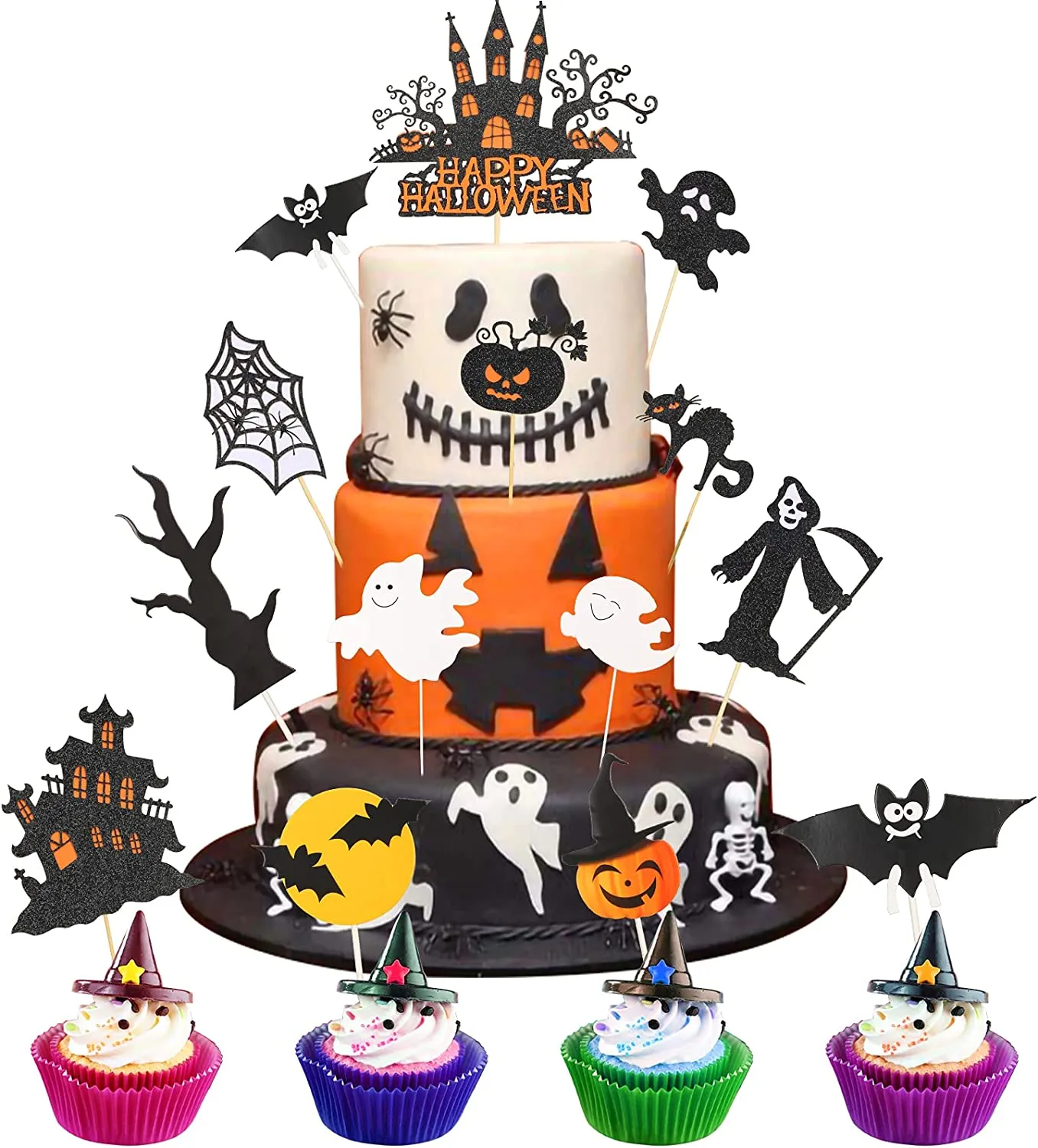 AirSMall 13 Pezzi Halloween Cake Toppers Zucca Ragnatela Demone Fantasma Ramo Castello Pipistrello Gatto Cupcake Topper, Decoraz