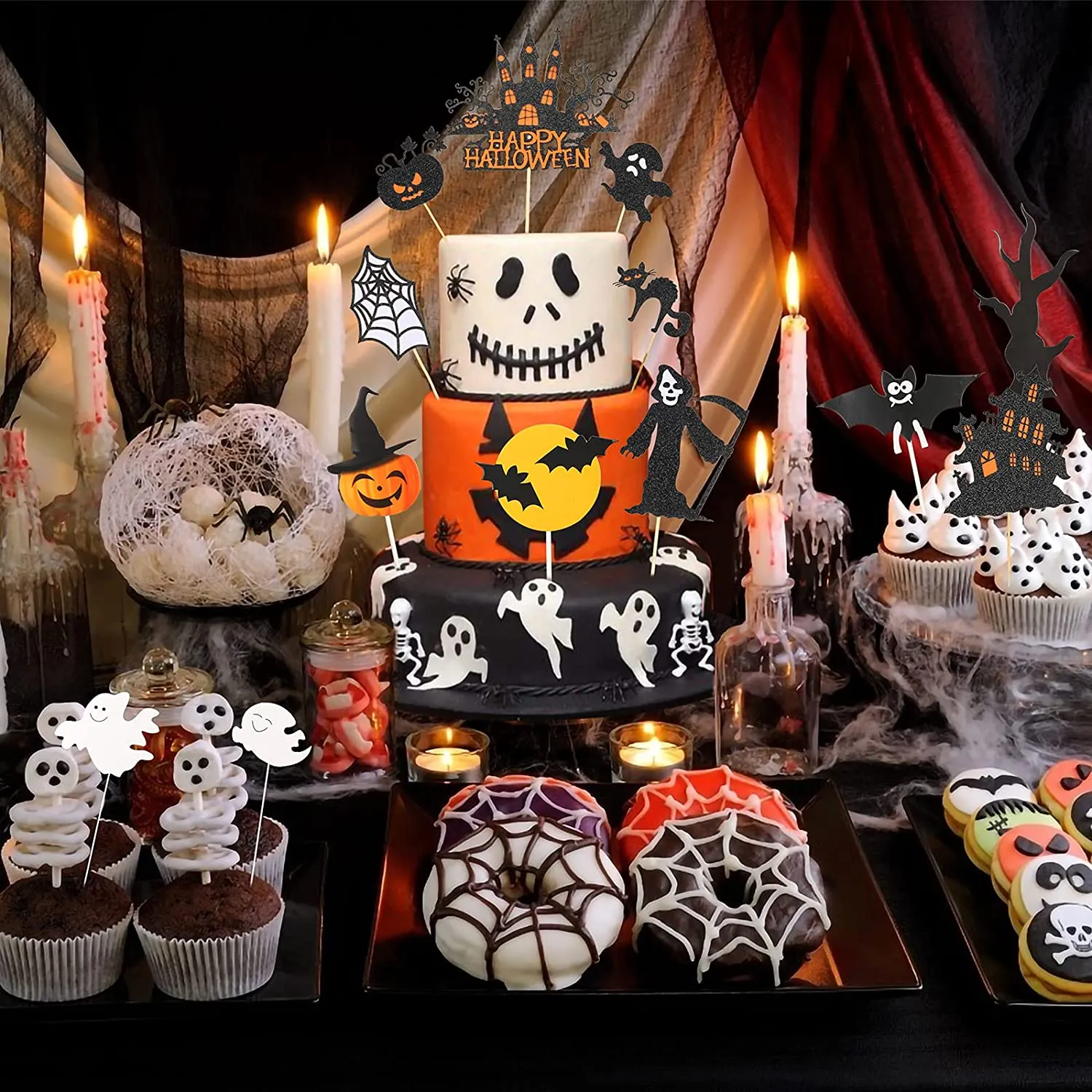 AirSMall 13 Pezzi Halloween Cake Toppers Zucca Ragnatela Demone Fantasma Ramo Castello Pipistrello Gatto Cupcake Topper, Decoraz