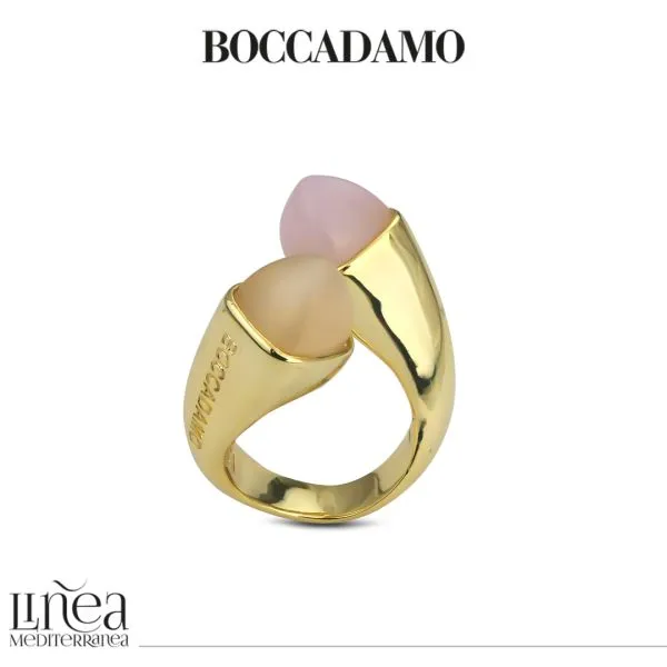 Anello contrariè con cristalli quarzo rosa e pietra di luna    