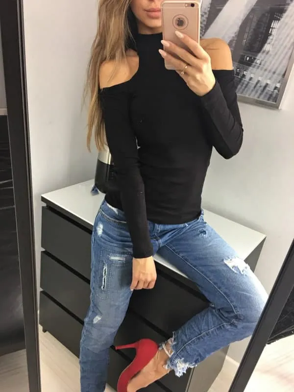 Blusa casual in tessuto tipo cotone a coste elasticizzato