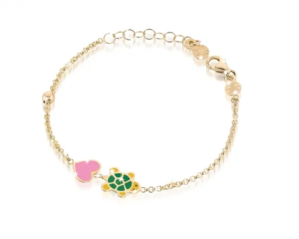 Bracciale Le Bebè - Primegioie - cuore e tartaruga con smalto colorato in oro giallo