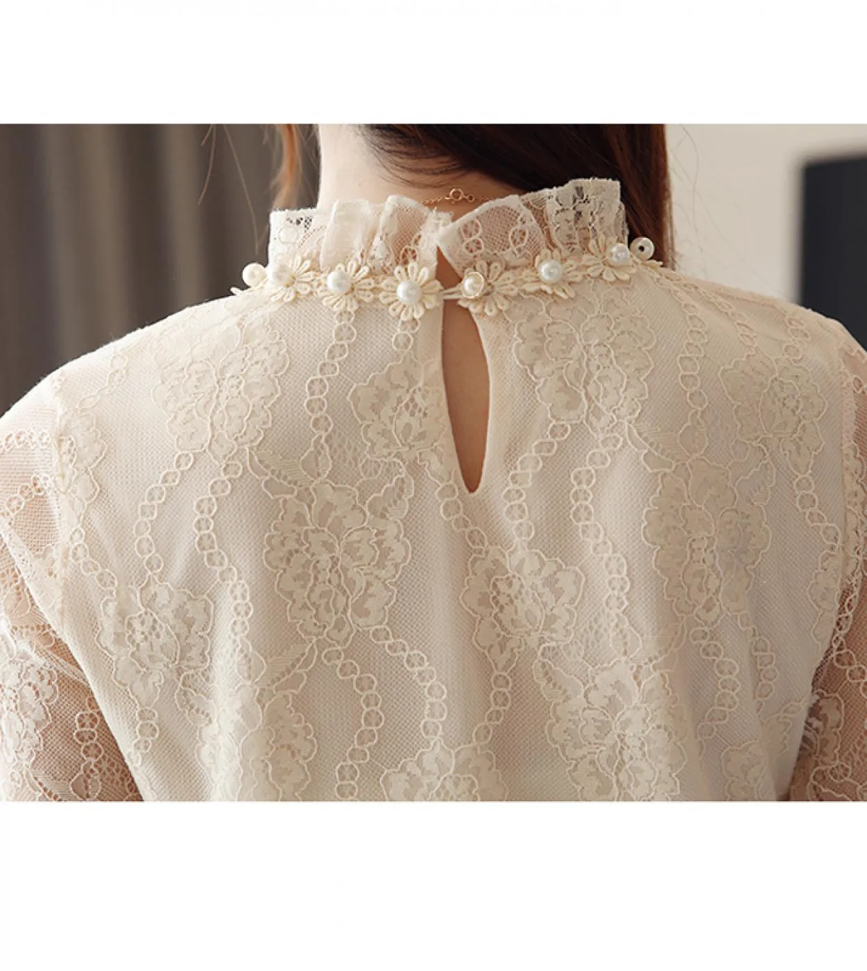 Camicette di pizzo autunno donne che bordano abiti volant camicia a maniche lunghe donna elegante top in pizzo blusas mujer de m