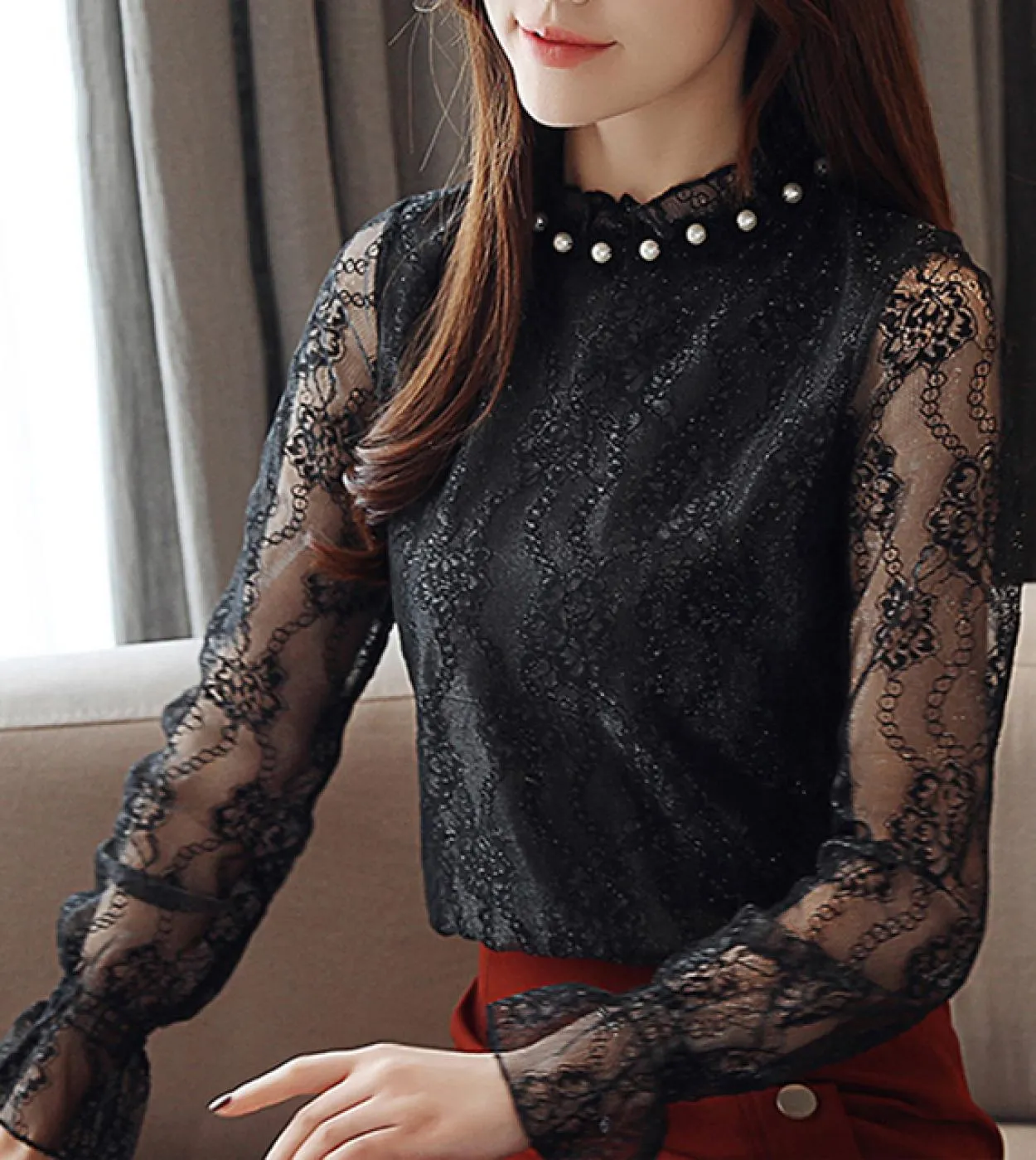 Camicette di pizzo autunno donne che bordano abiti volant camicia a maniche lunghe donna elegante top in pizzo blusas mujer de m