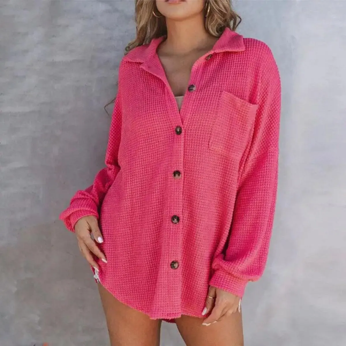 Camicia 2023 Top cappotto da donna autunno inverno nuova camicia in waffle con tasca colletto alla coreana tinta unita