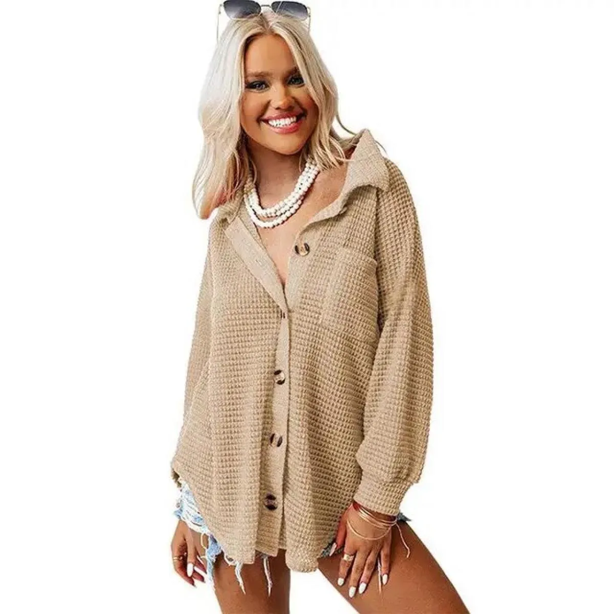 Camicia 2023 Top cappotto da donna autunno inverno nuova camicia in waffle con tasca colletto alla coreana tinta unita