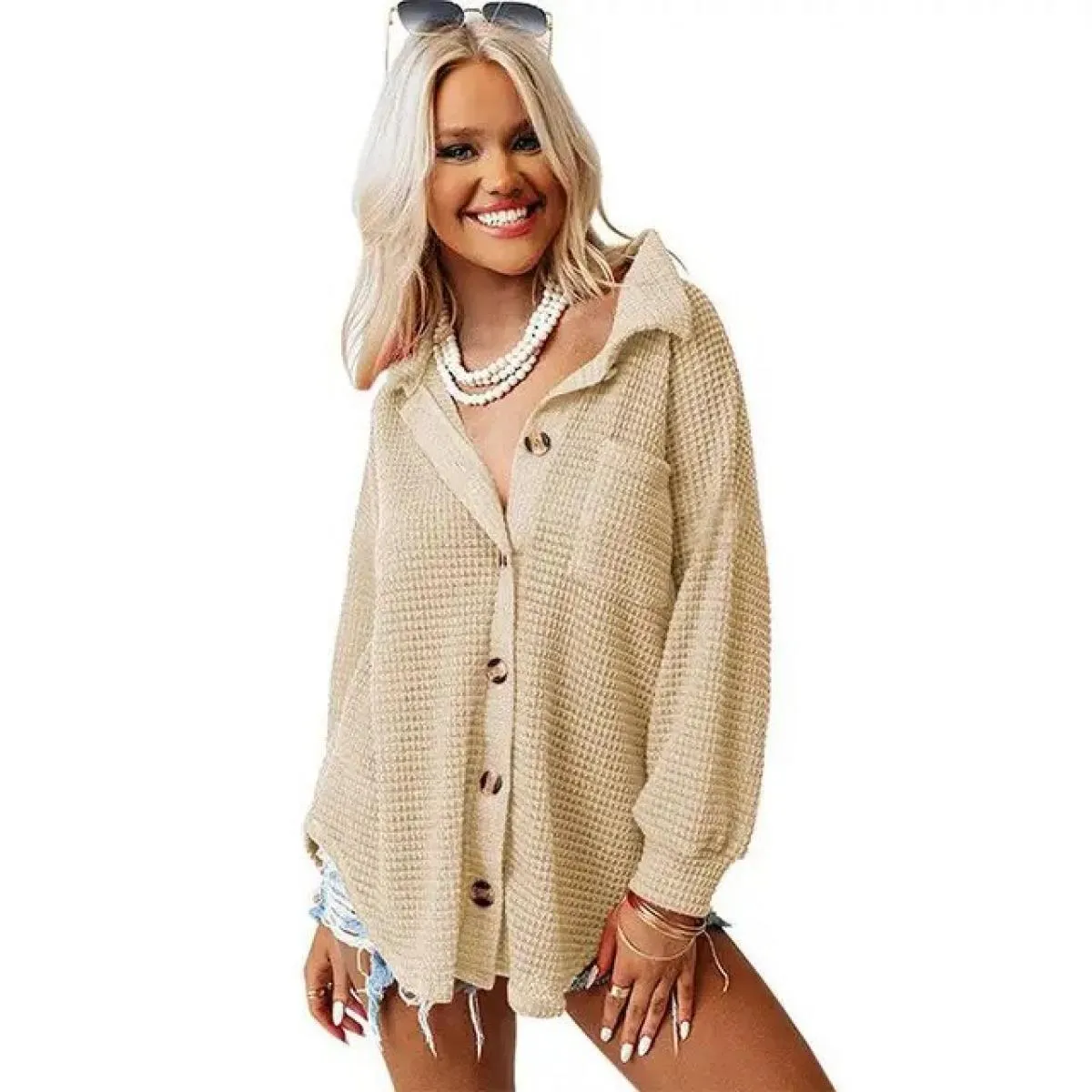 Camicia 2023 Top cappotto da donna autunno inverno nuova camicia in waffle con tasca colletto alla coreana tinta unita