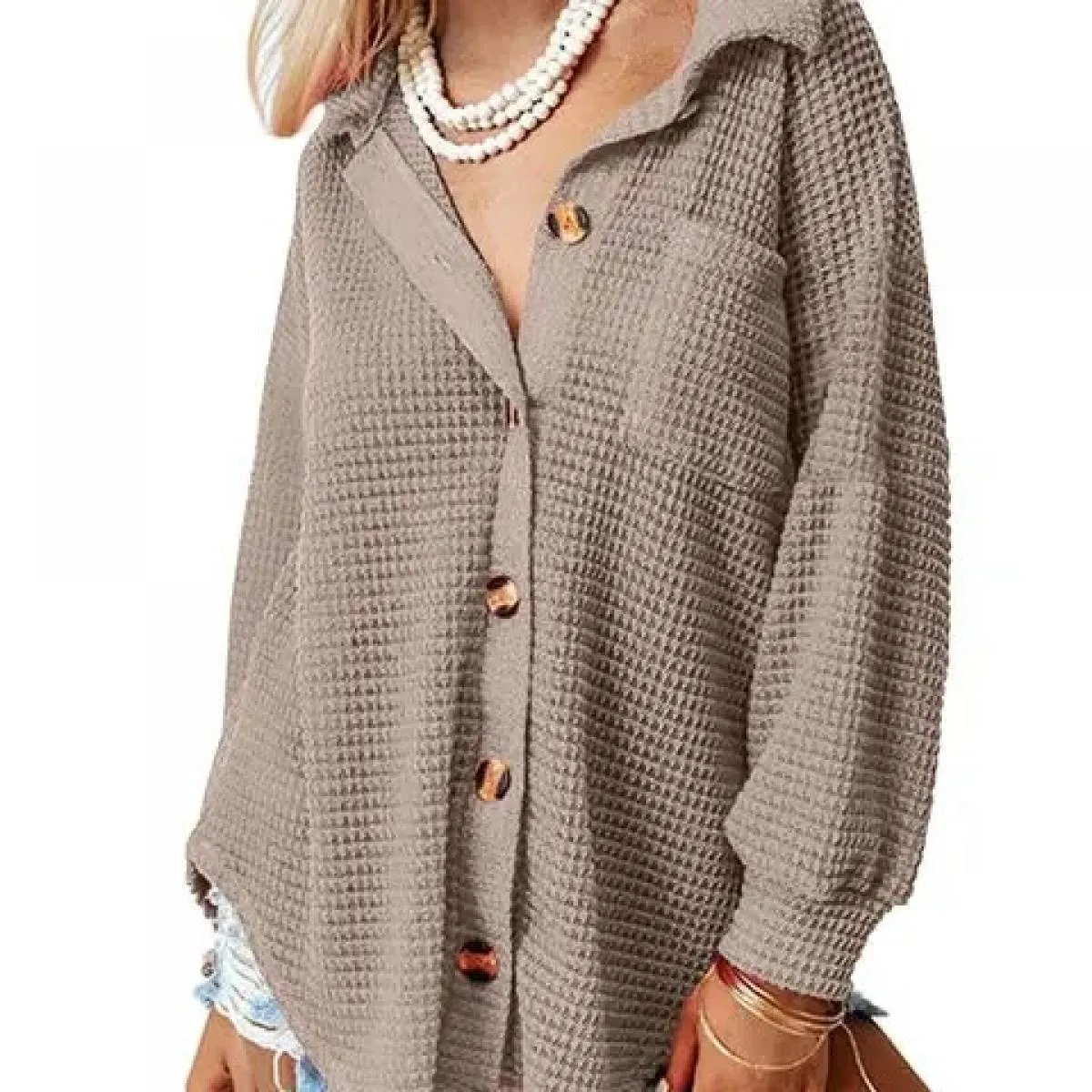 Camicia 2023 Top cappotto da donna autunno inverno nuova camicia in waffle con tasca colletto alla coreana tinta unita