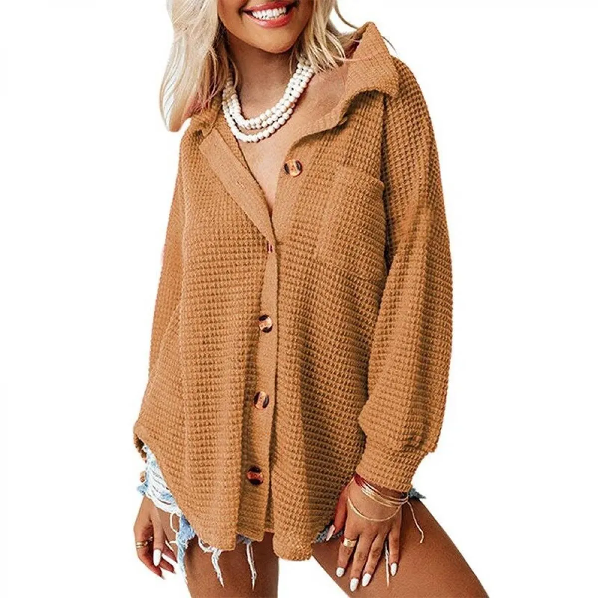 Camicia 2023 Top cappotto da donna autunno inverno nuova camicia in waffle con tasca colletto alla coreana tinta unita