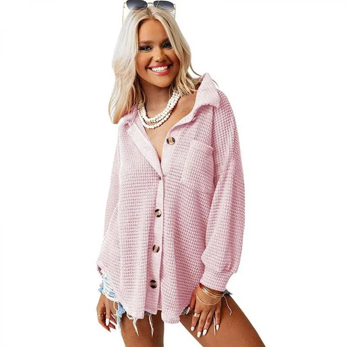 Camicia 2023 Top cappotto da donna autunno inverno nuova camicia in waffle con tasca colletto alla coreana tinta unita