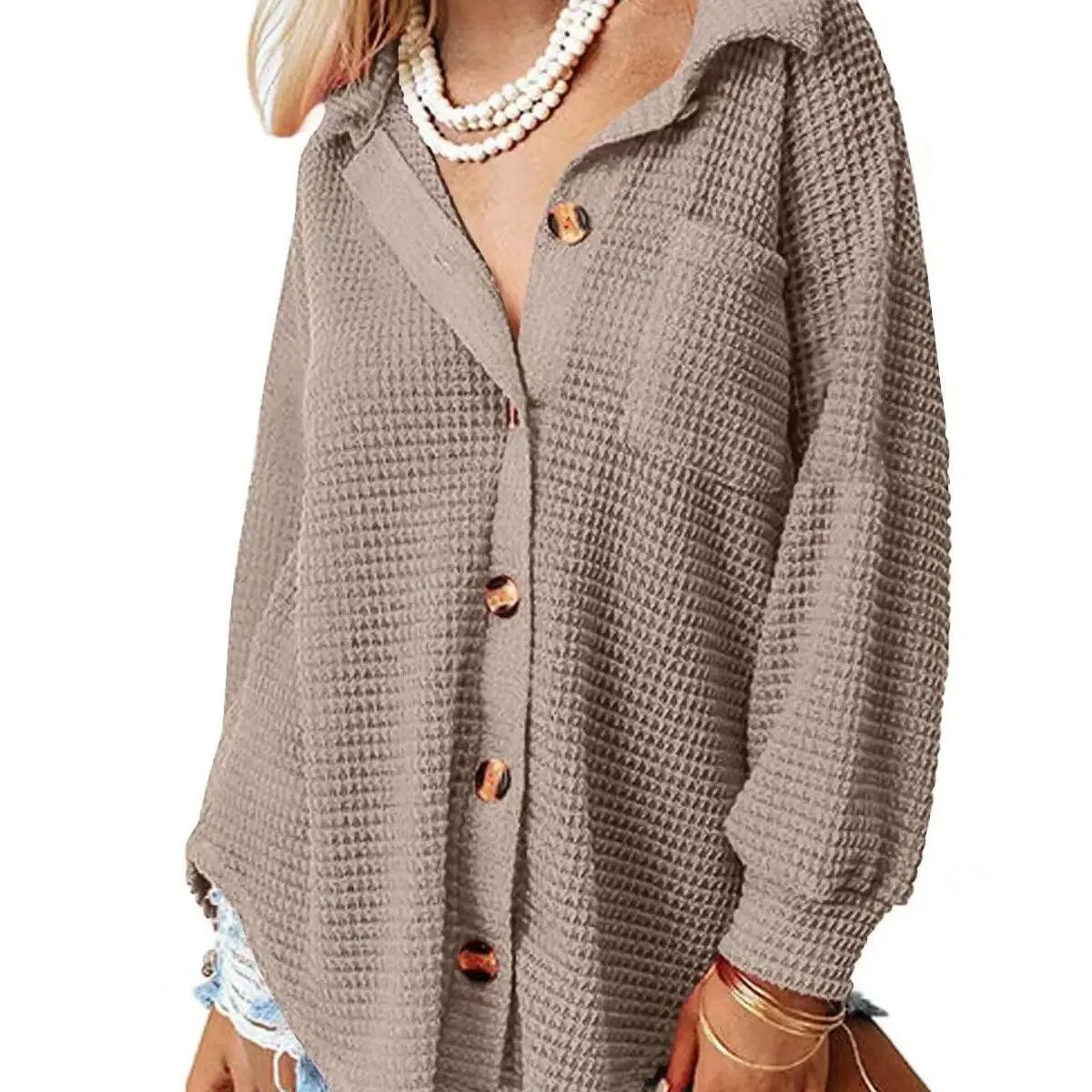 Camicia 2023 Top cappotto da donna autunno inverno nuova camicia in waffle con tasca colletto alla coreana tinta unita