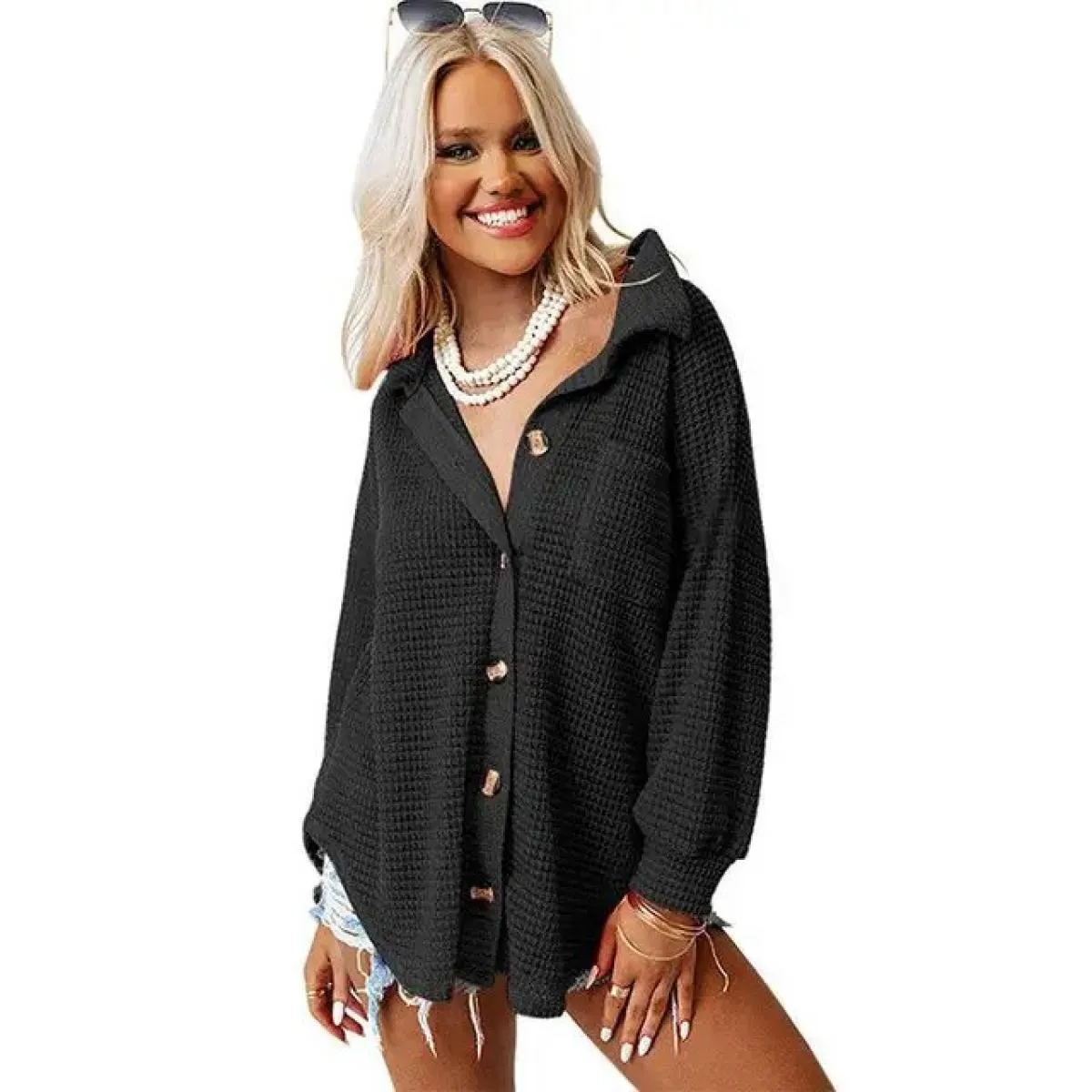 Camicia 2023 Top cappotto da donna autunno inverno nuova camicia in waffle con tasca colletto alla coreana tinta unita