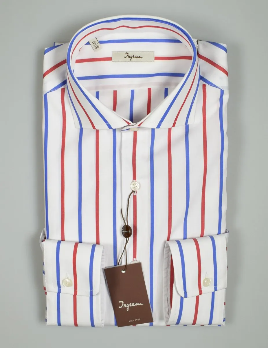 Camicia ingram a righe blu e rosso slim fit collo alla francese