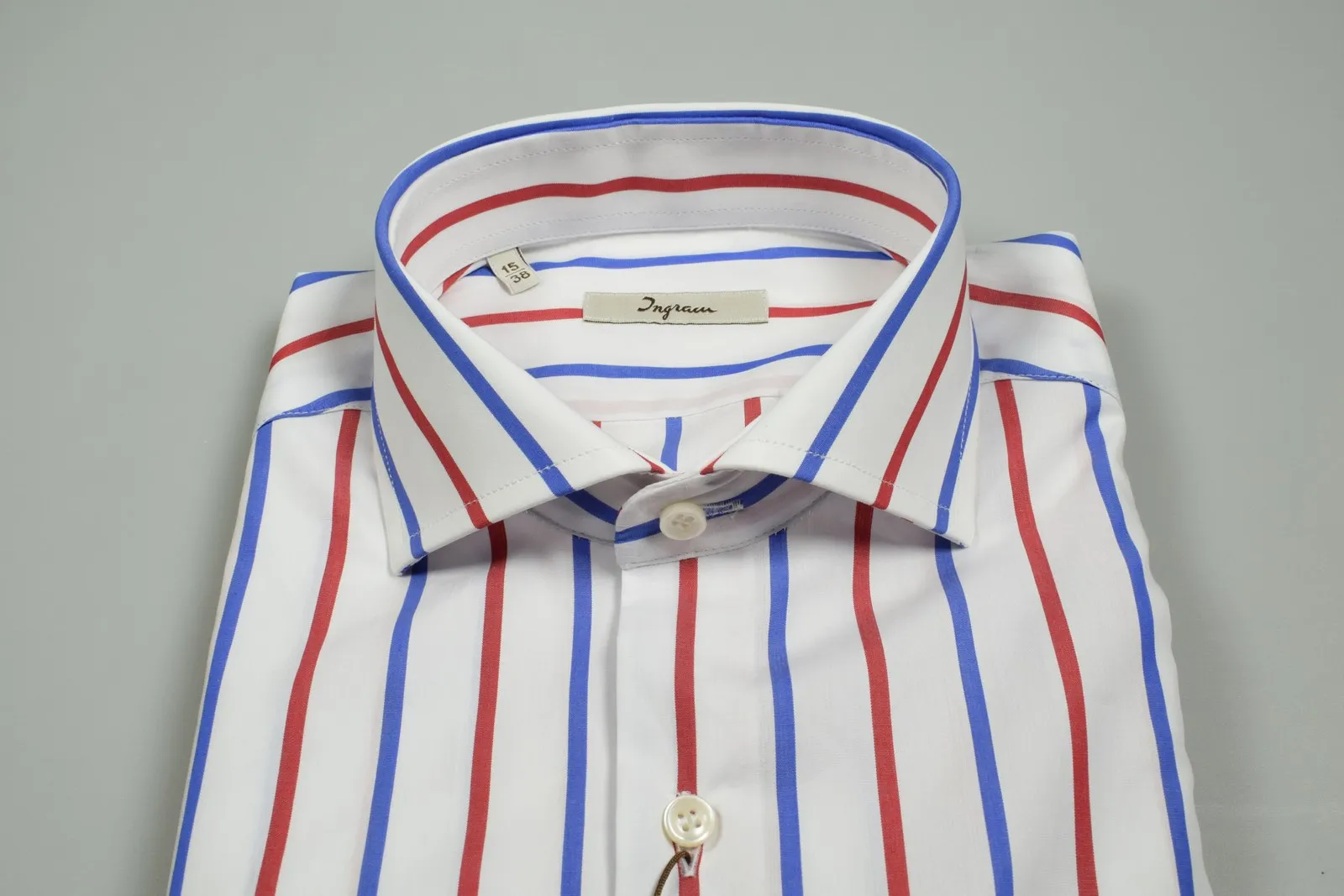 Camicia ingram a righe blu e rosso slim fit collo alla francese
