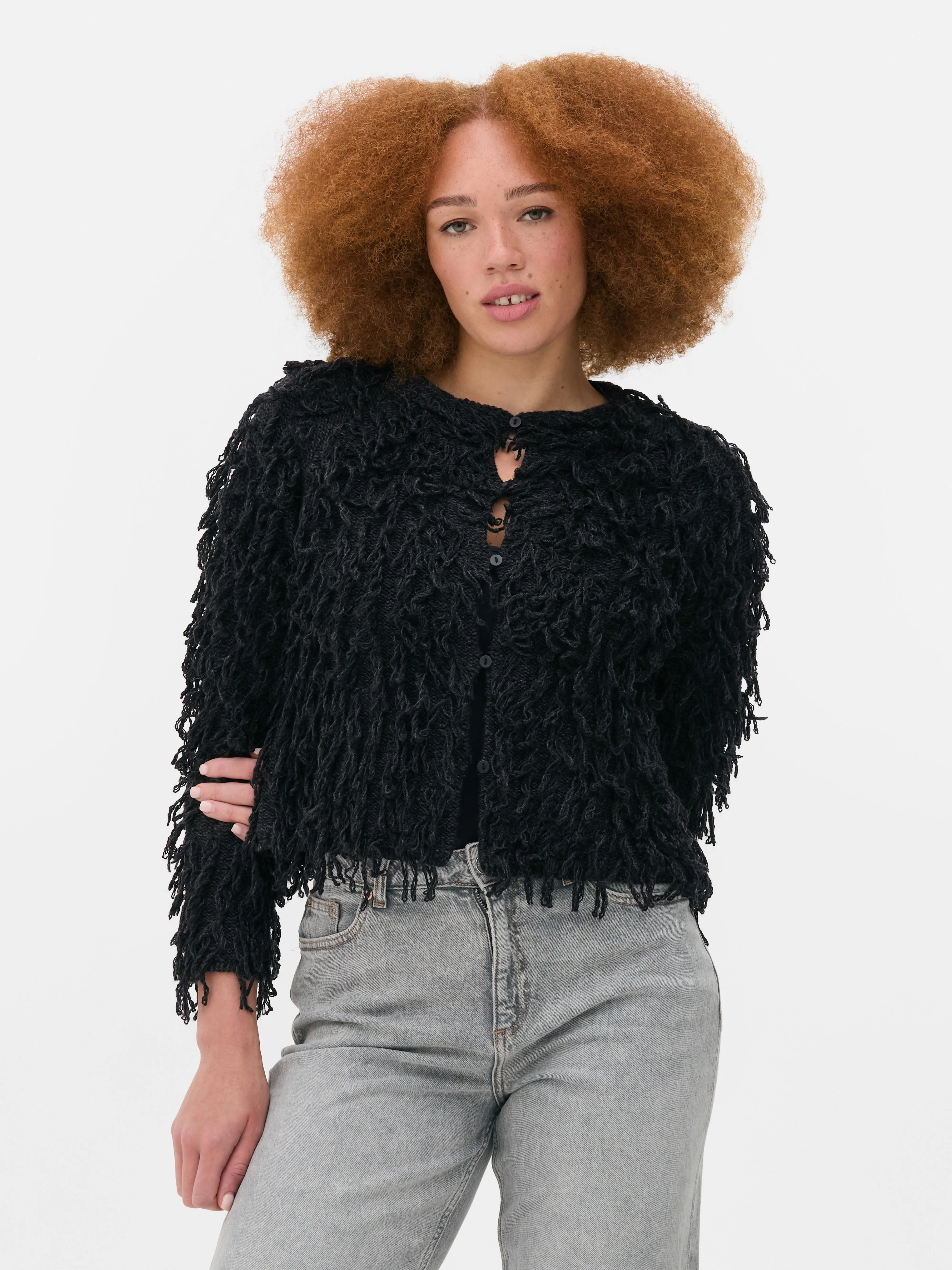 Cardigan girocollo a pelo lungo