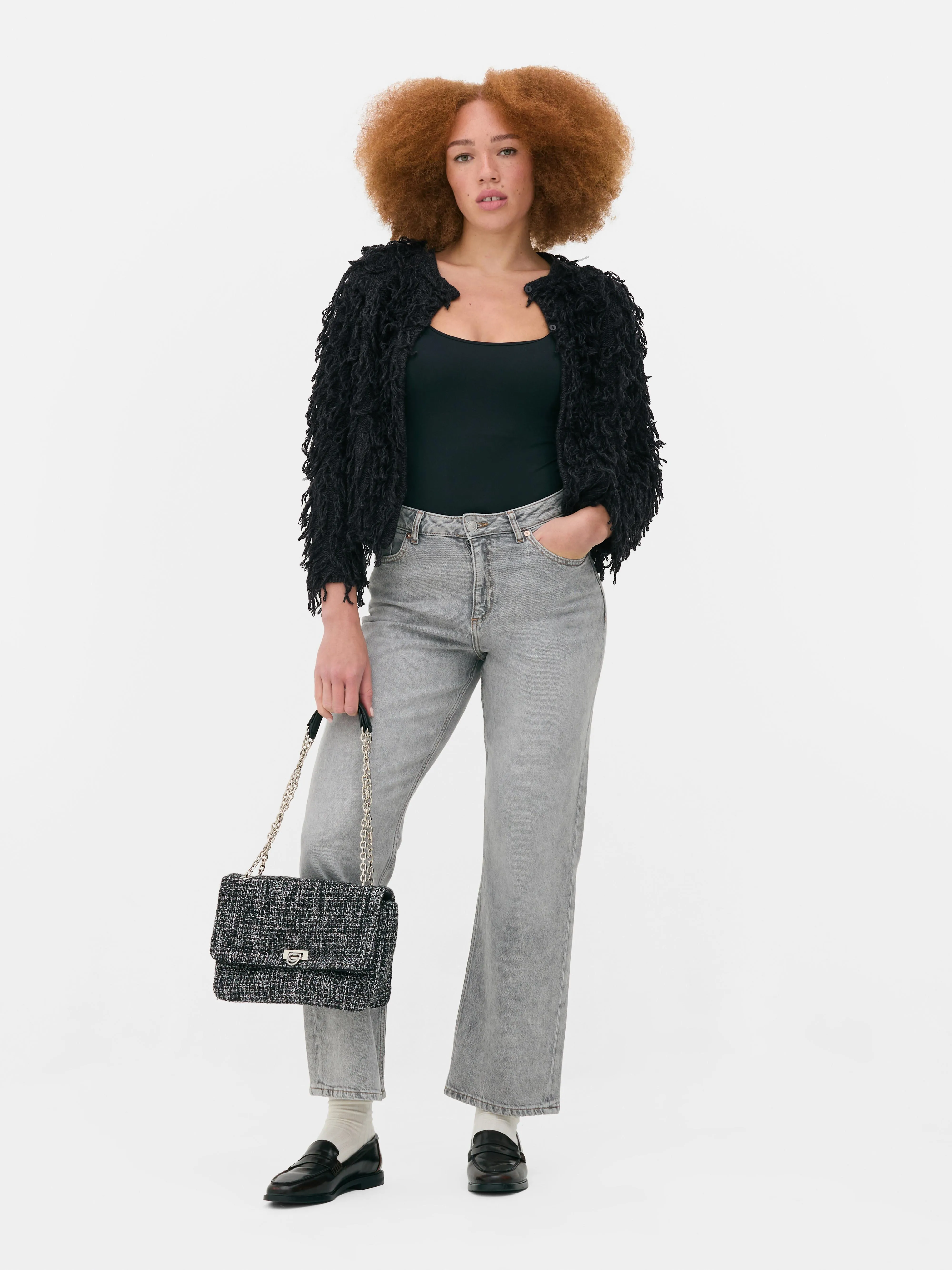Cardigan girocollo a pelo lungo