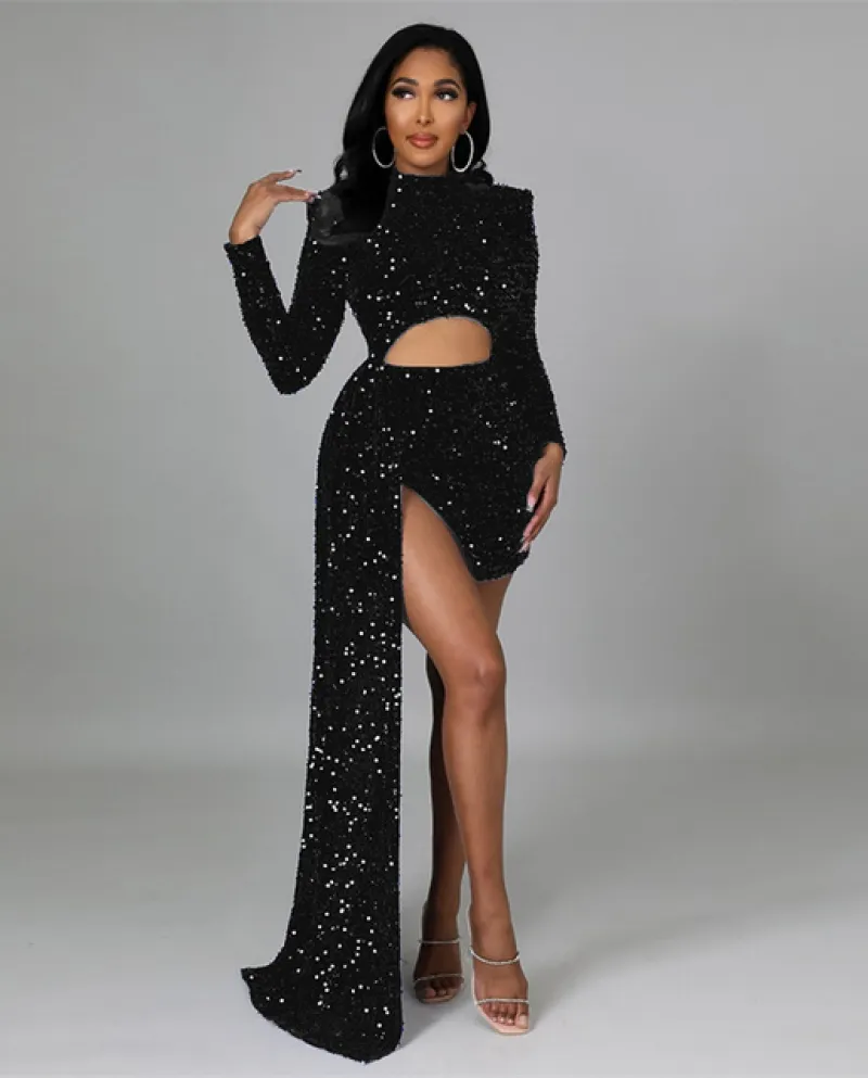 Cutuly Abiti di paillettes di Natale per le donne Club Party Night Wear Dress Orlo irregolare Foro del nastro Abiti slim Long Sl