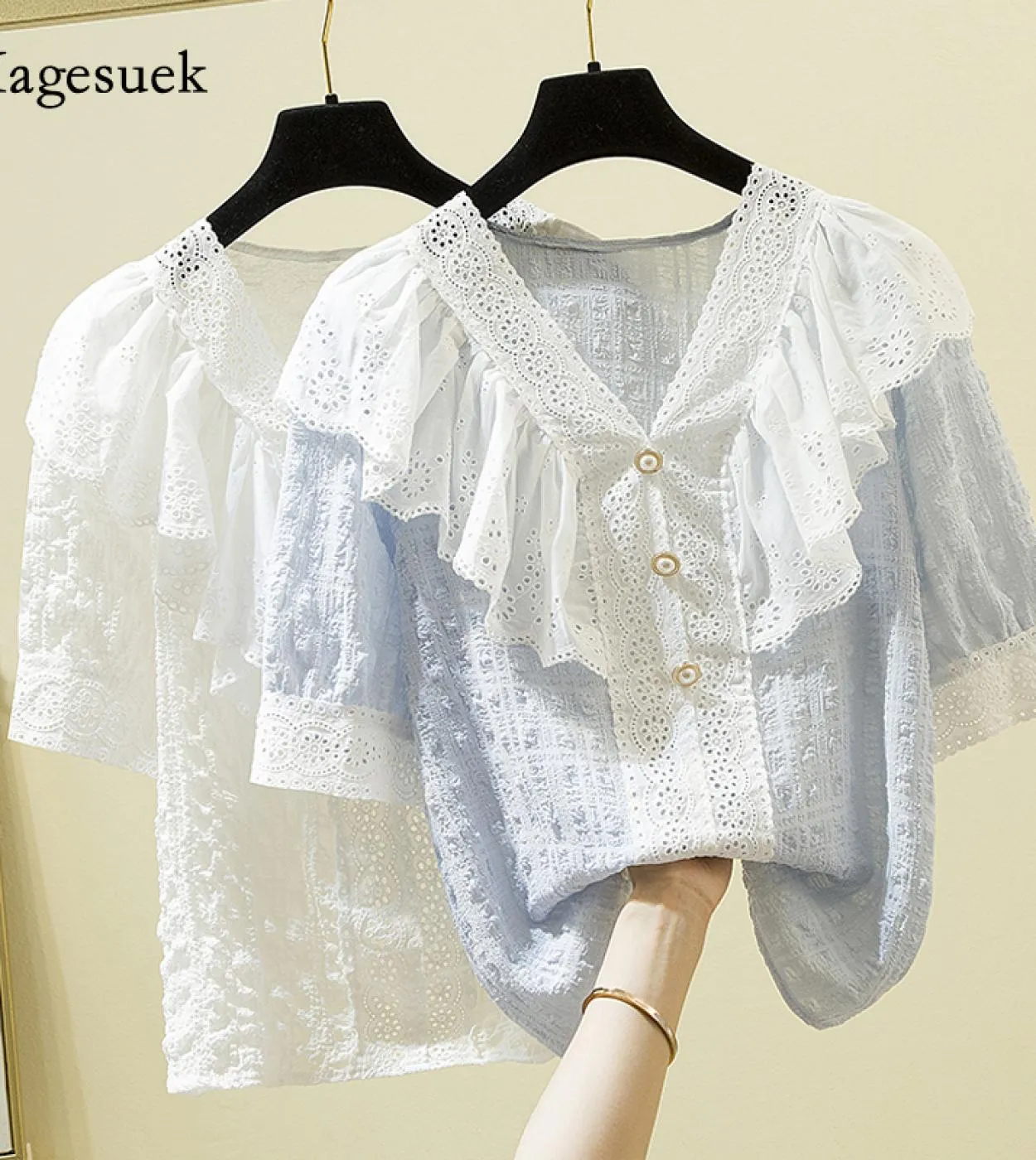 Elegante 4xl camicetta di pizzo estivo donna nuova manica corta volant patchword scollo a V camicia allentata dolce moda donna t