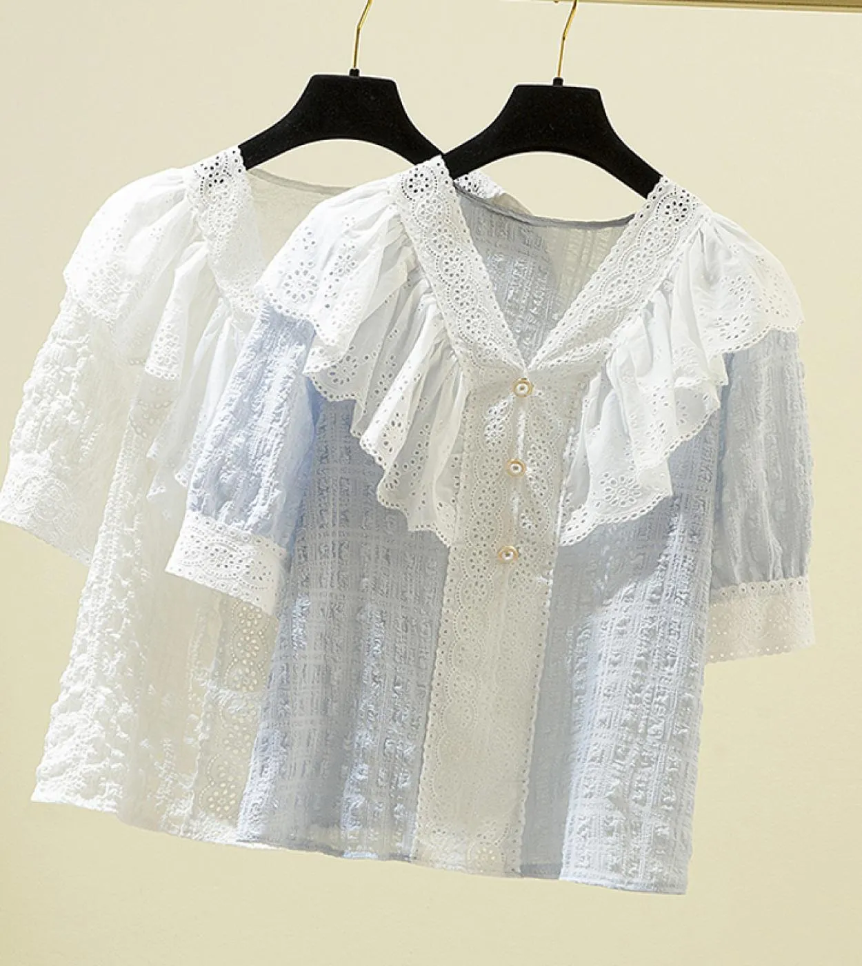 Elegante 4xl camicetta di pizzo estivo donna nuova manica corta volant patchword scollo a V camicia allentata dolce moda donna t