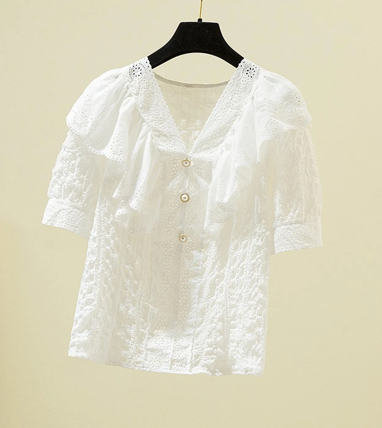 Elegante 4xl camicetta di pizzo estivo donna nuova manica corta volant patchword scollo a V camicia allentata dolce moda donna t