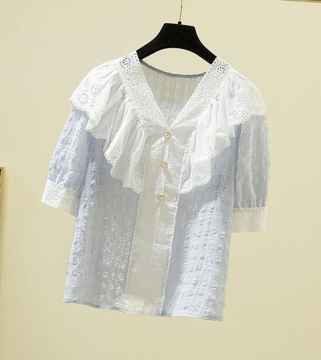 Elegante 4xl camicetta di pizzo estivo donna nuova manica corta volant patchword scollo a V camicia allentata dolce moda donna t