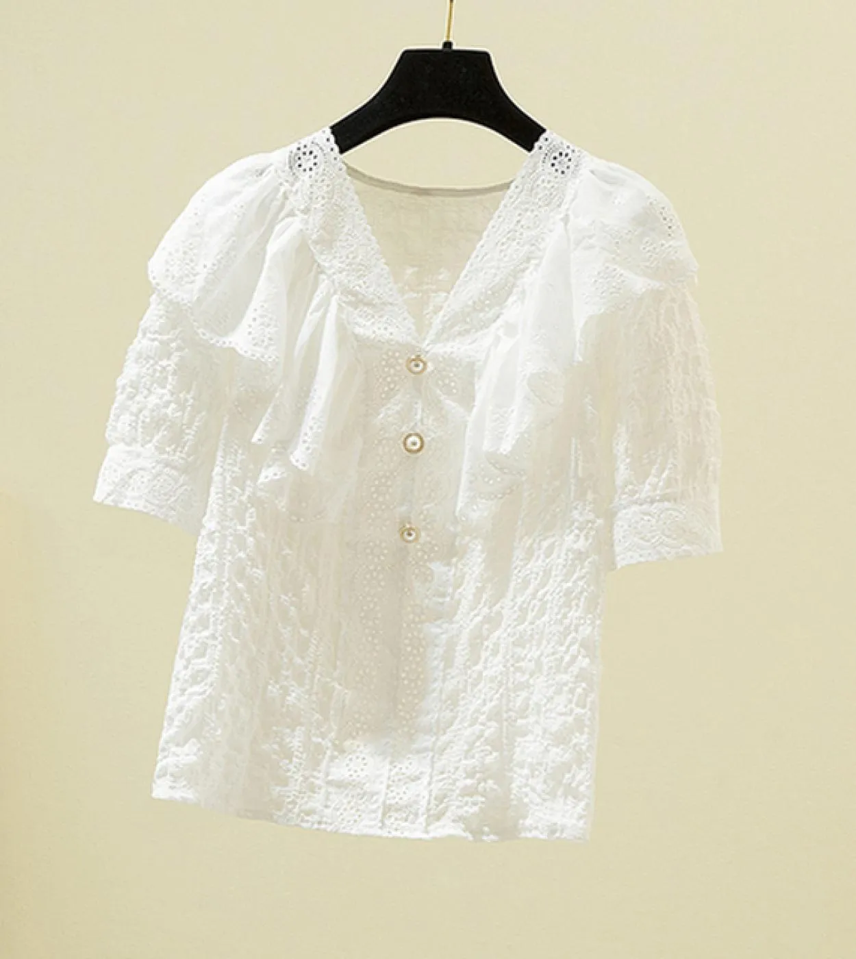 Elegante 4xl camicetta di pizzo estivo donna nuova manica corta volant patchword scollo a V camicia allentata dolce moda donna t