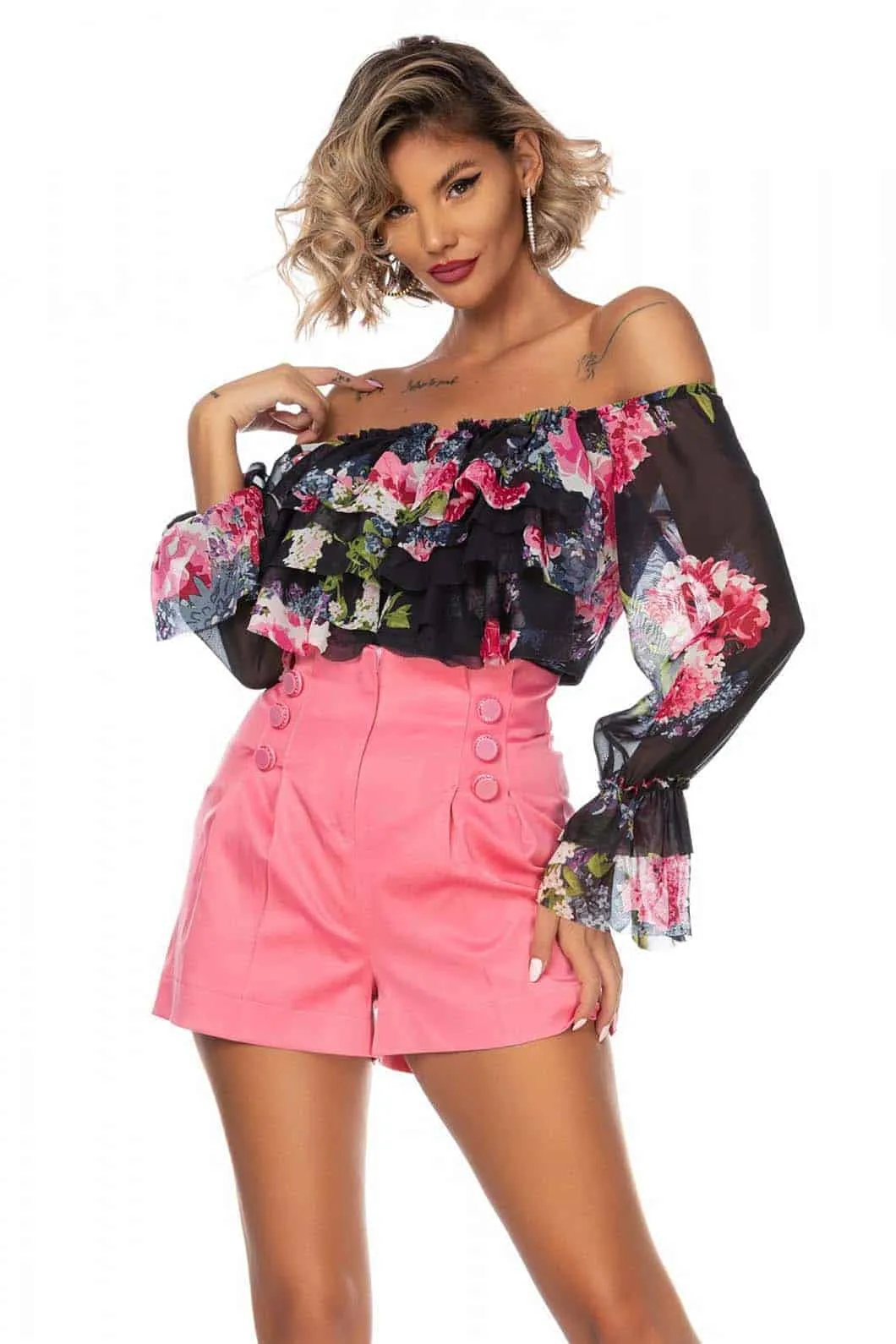 Elegante blusa a stampa floreale con scollatura a barchetta