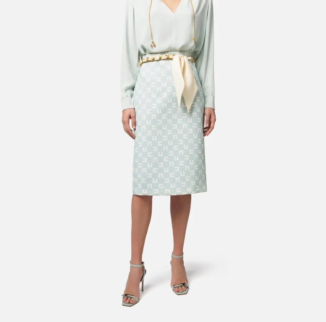 ELISABETTA FRANCHI Gonna midi in crêpe stretch stampa logo con cintura foulard