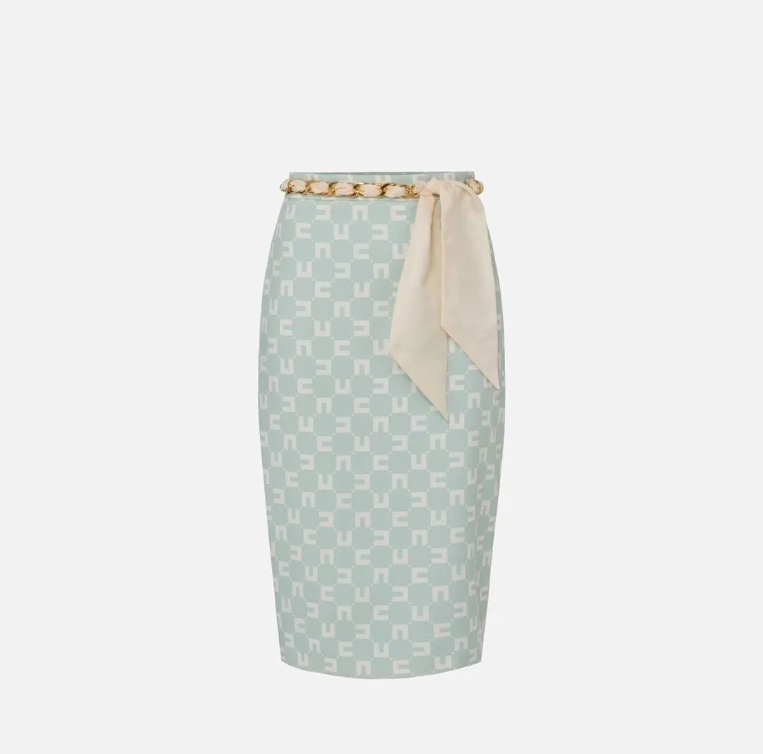 ELISABETTA FRANCHI Gonna midi in crêpe stretch stampa logo con cintura foulard