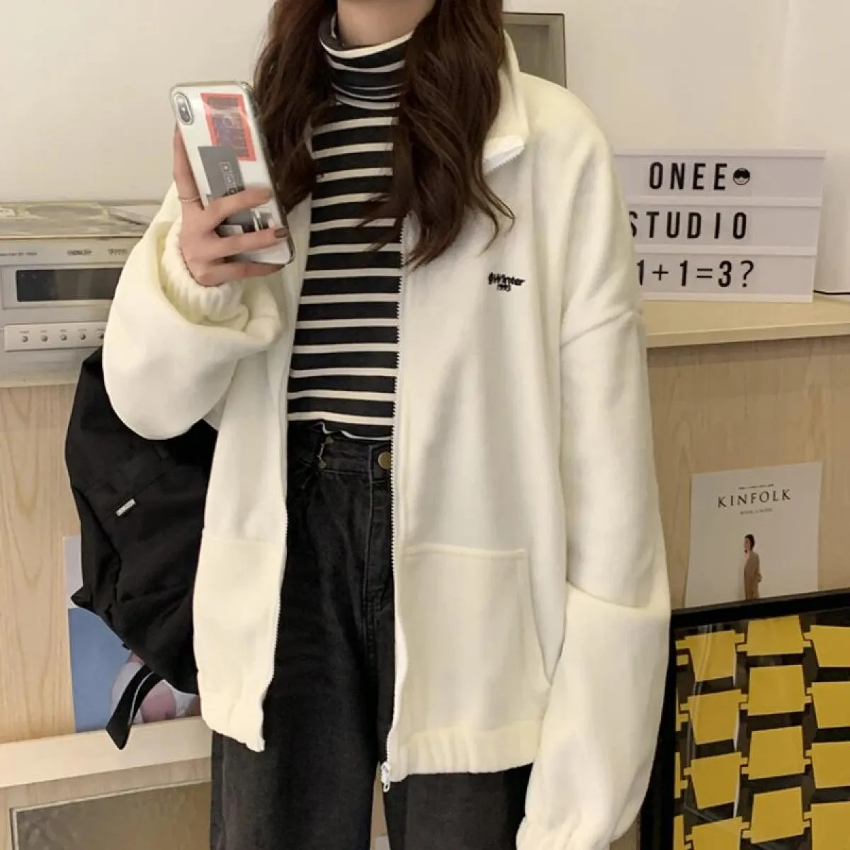 Felpa con cappuccio in pile di agnello Cardigan con cerniera per colletto alla coreana autunno inverno femminile Plus Cappotto s