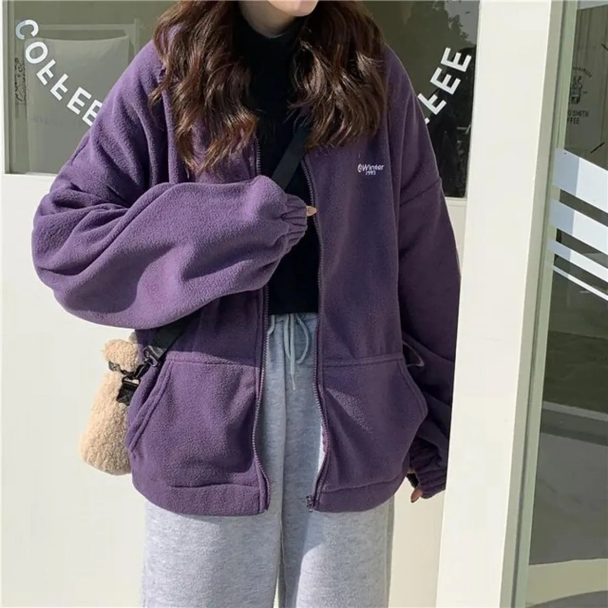 Felpa con cappuccio in pile di agnello Cardigan con cerniera per colletto alla coreana autunno inverno femminile Plus Cappotto s