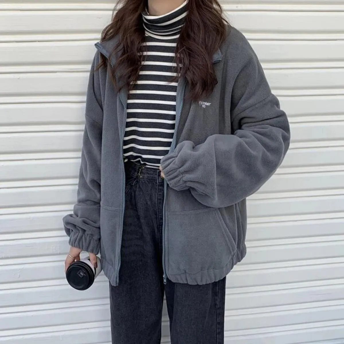 Felpa con cappuccio in pile di agnello Cardigan con cerniera per colletto alla coreana autunno inverno femminile Plus Cappotto s