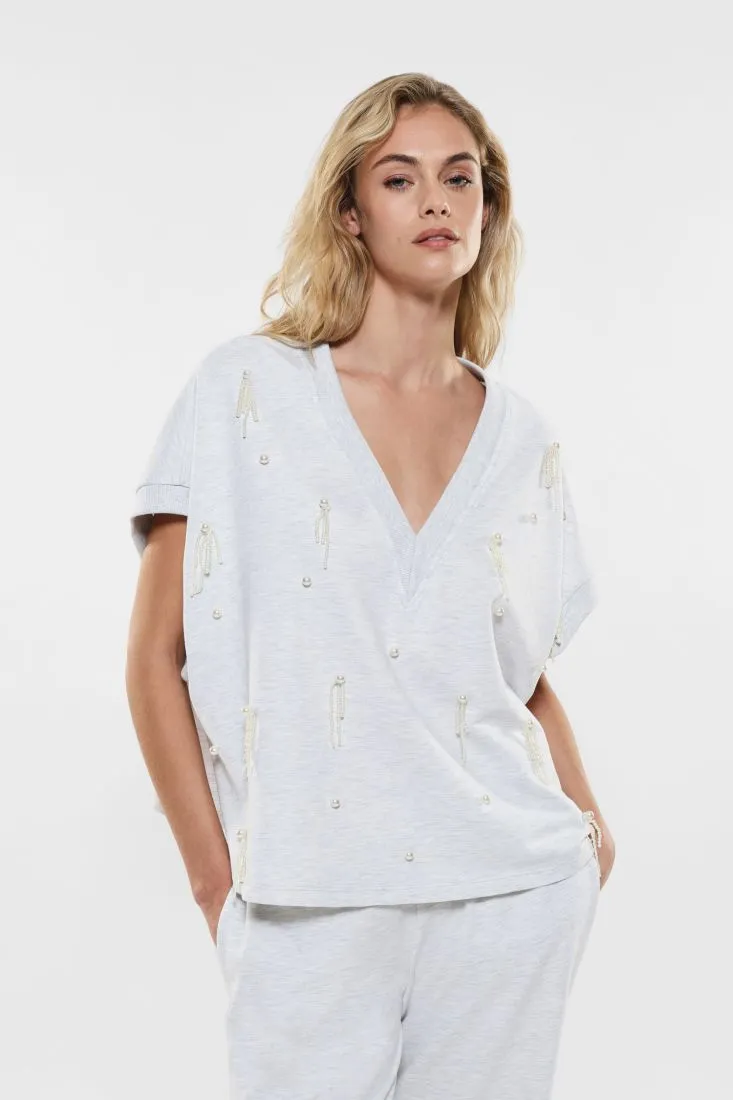 Felpa oversize in puro cotone con pendenti di perline