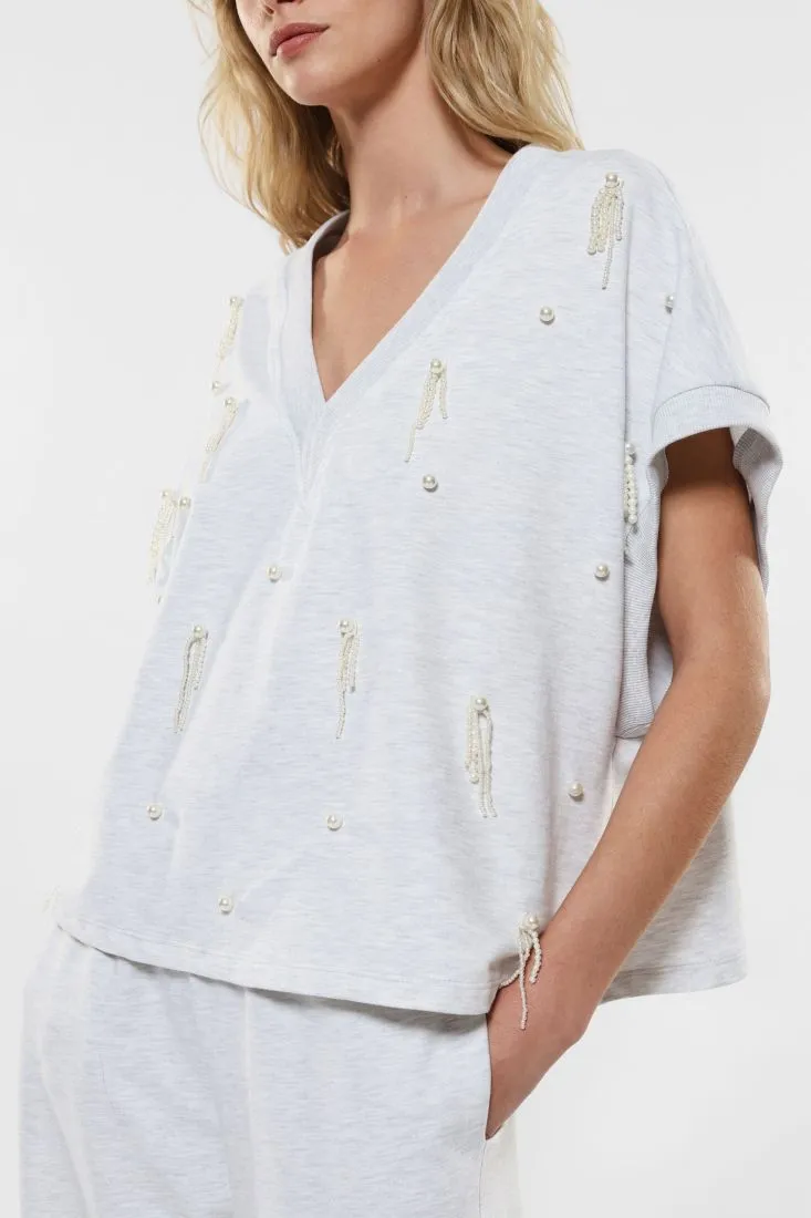 Felpa oversize in puro cotone con pendenti di perline