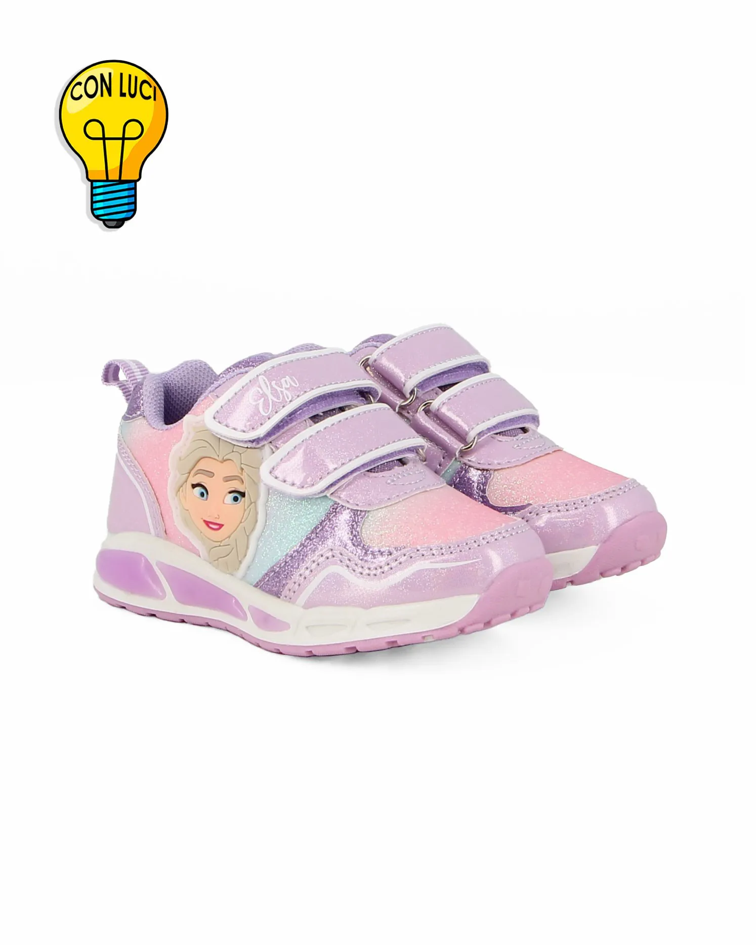FROZEN - Sneakers da bimba glitterate lilla con personaggio laterale in rilievo e luci                                          