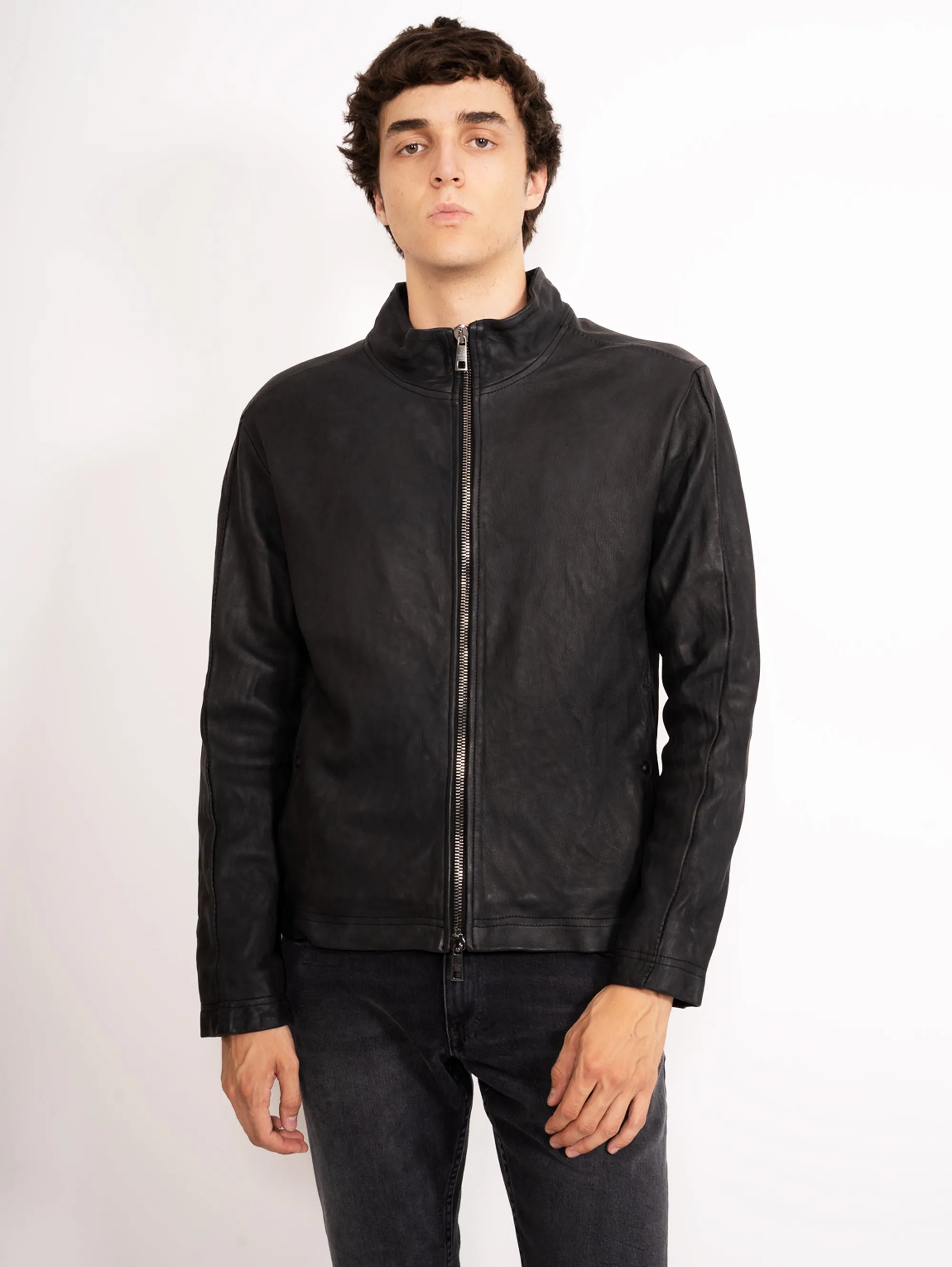 Giacca Biker in Pelle Spazzolata Nero