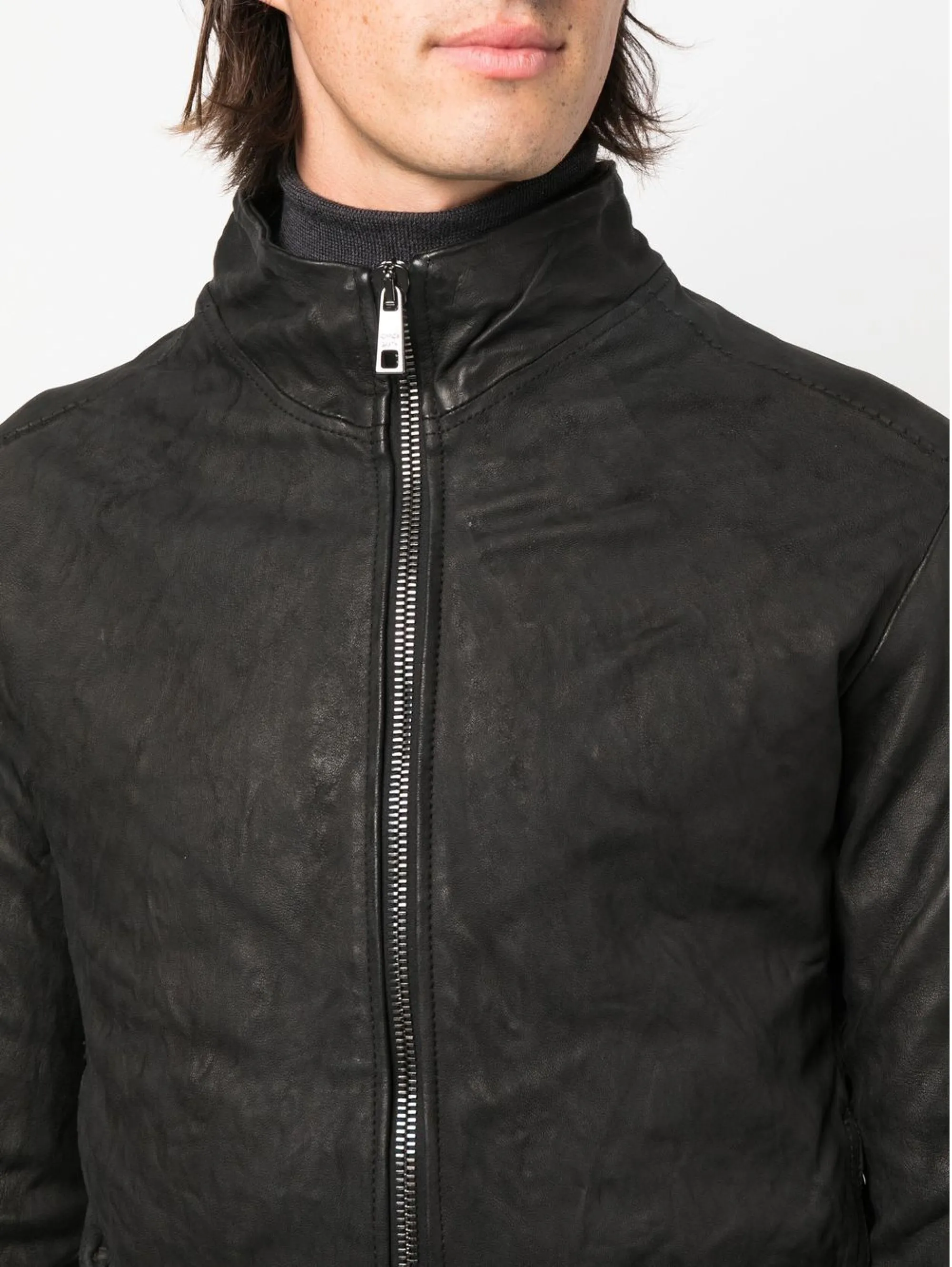 Giacca Biker in Pelle Spazzolata Nero